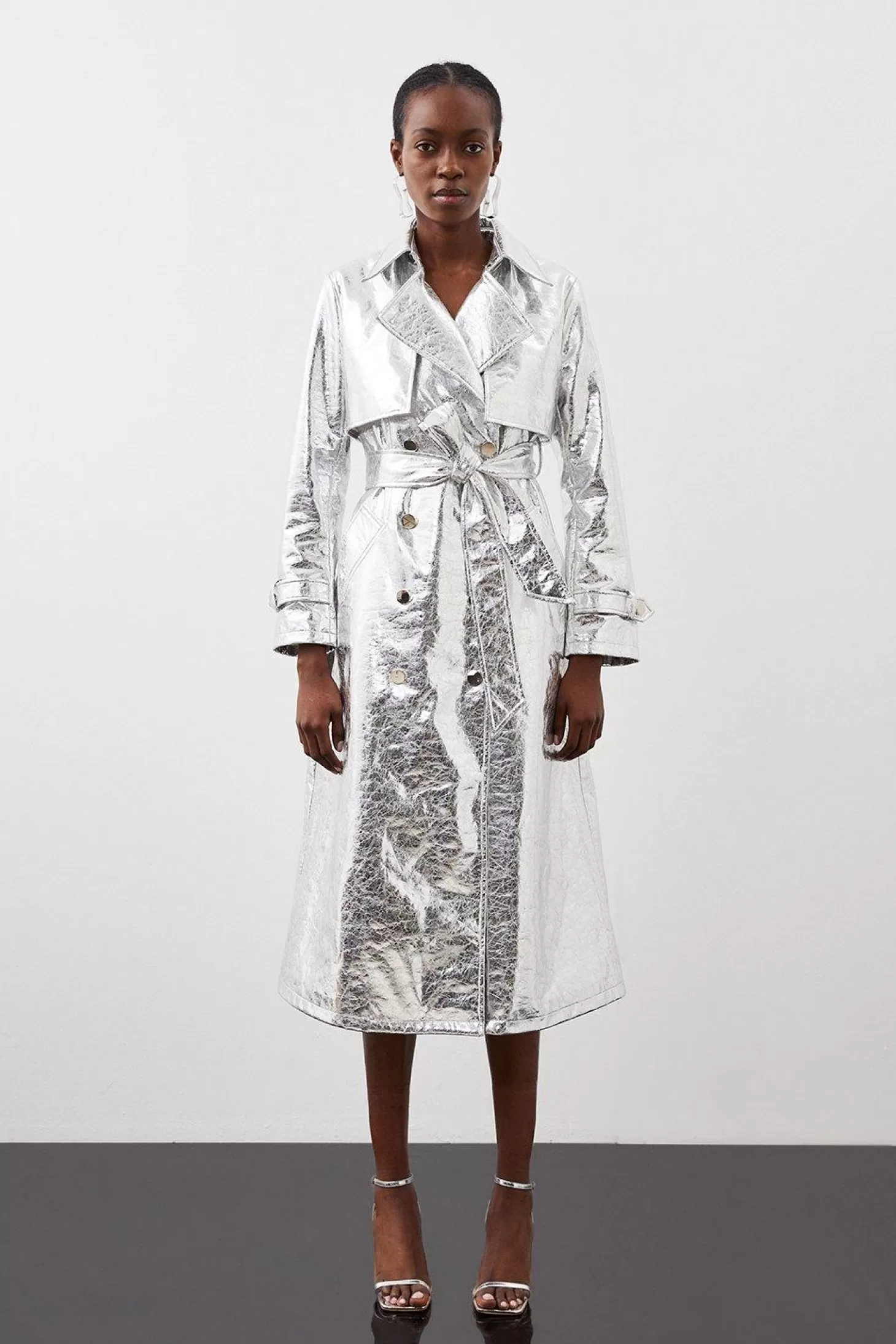 Karen Millen Metallic Faux Leather Belted Trench Coat