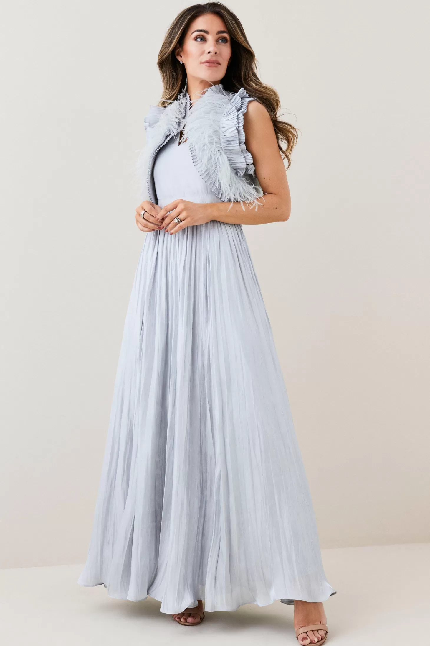 Karen Millen Metallic Feather Ruffle Woven Maxi Dress