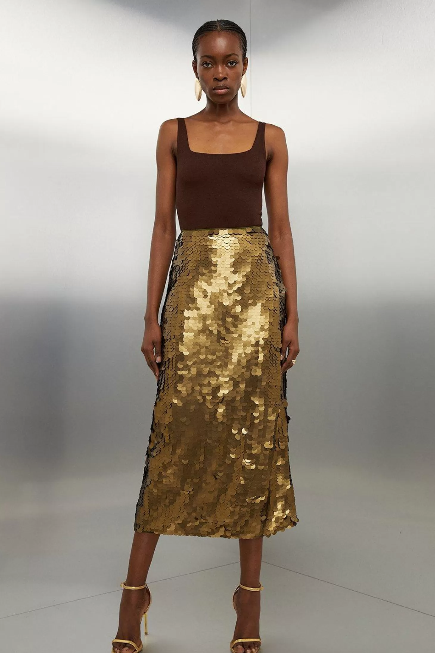 Karen Millen Metallic Matte Sequin Woven Midi Skirt