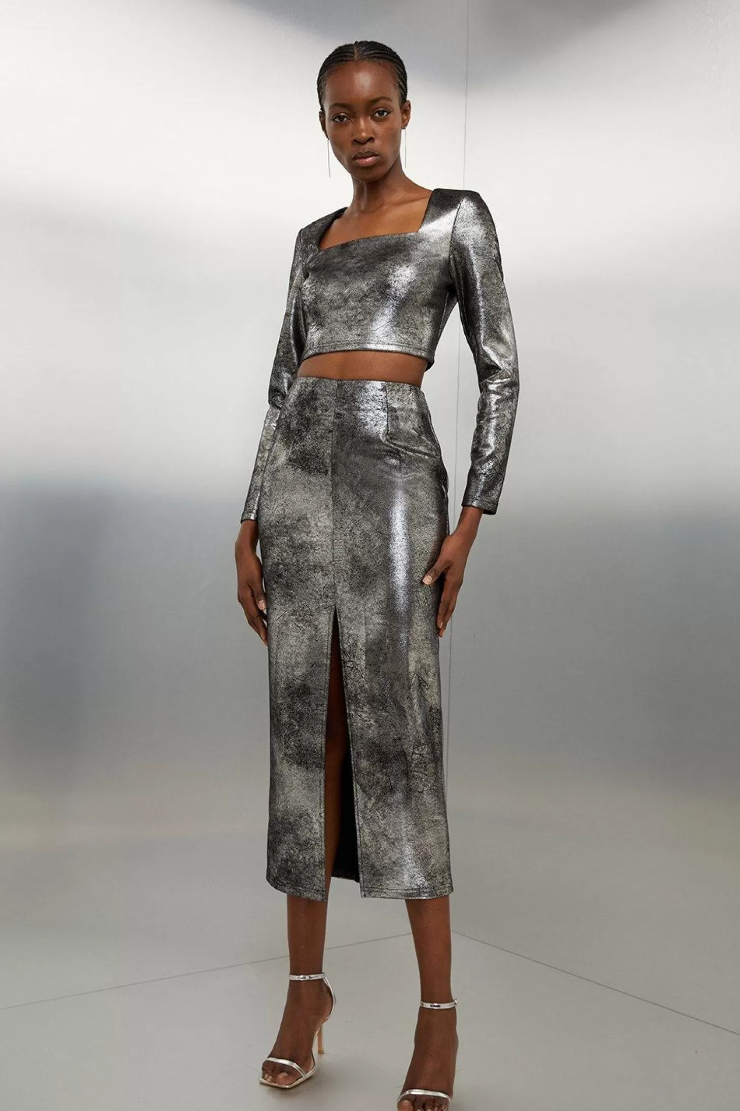 Karen Millen Metallic Ponte Top And Skirt Set