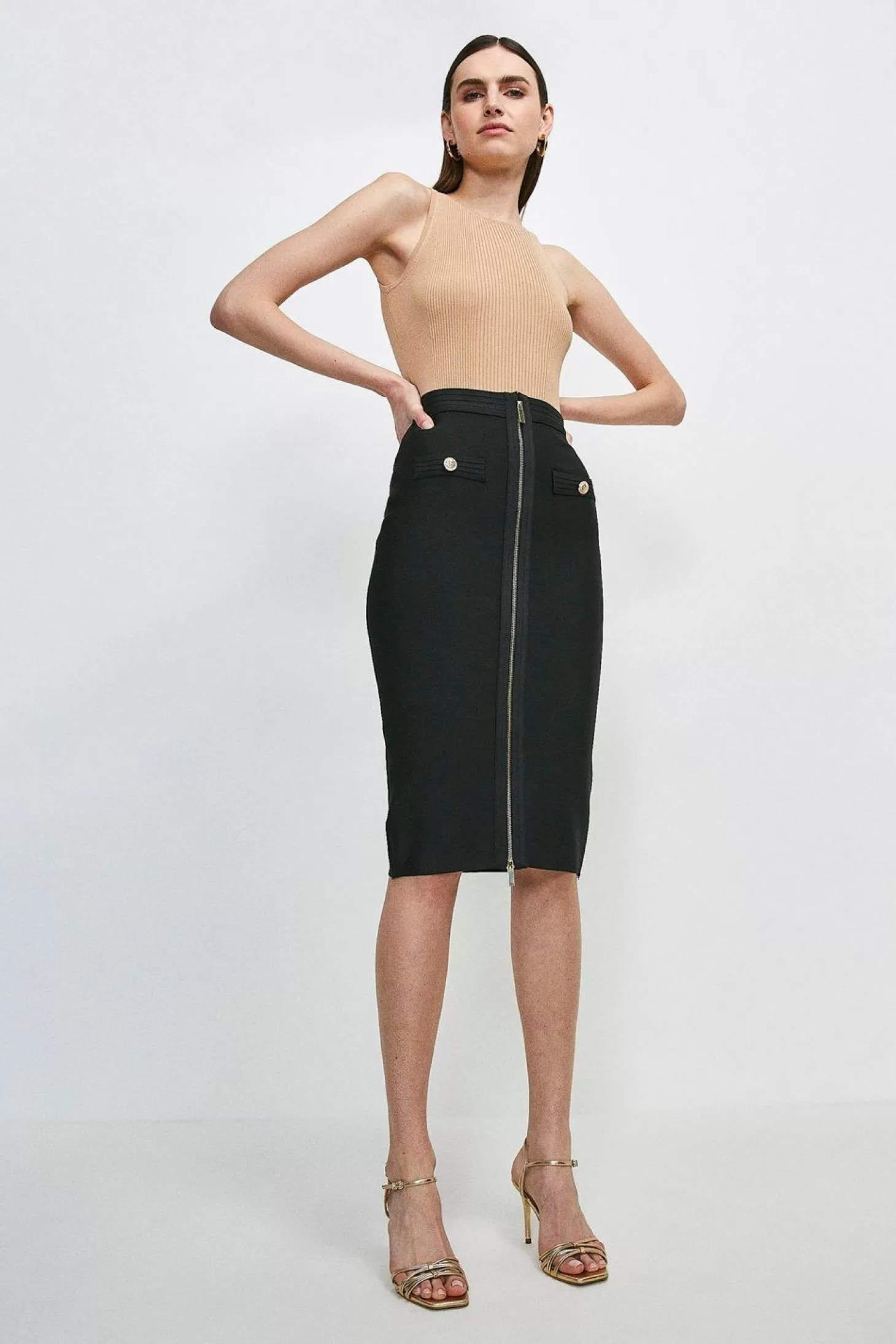 Karen Millen Military Bandage Knitted Pencil Midi Skirt