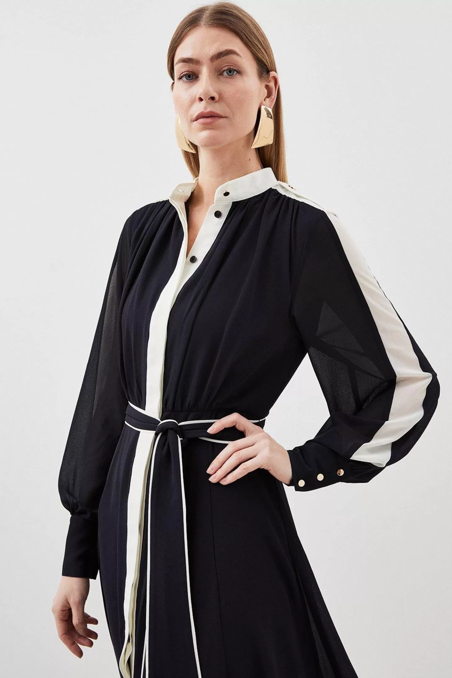 Karen Millen Military Mono Belted Woven Midi Dress