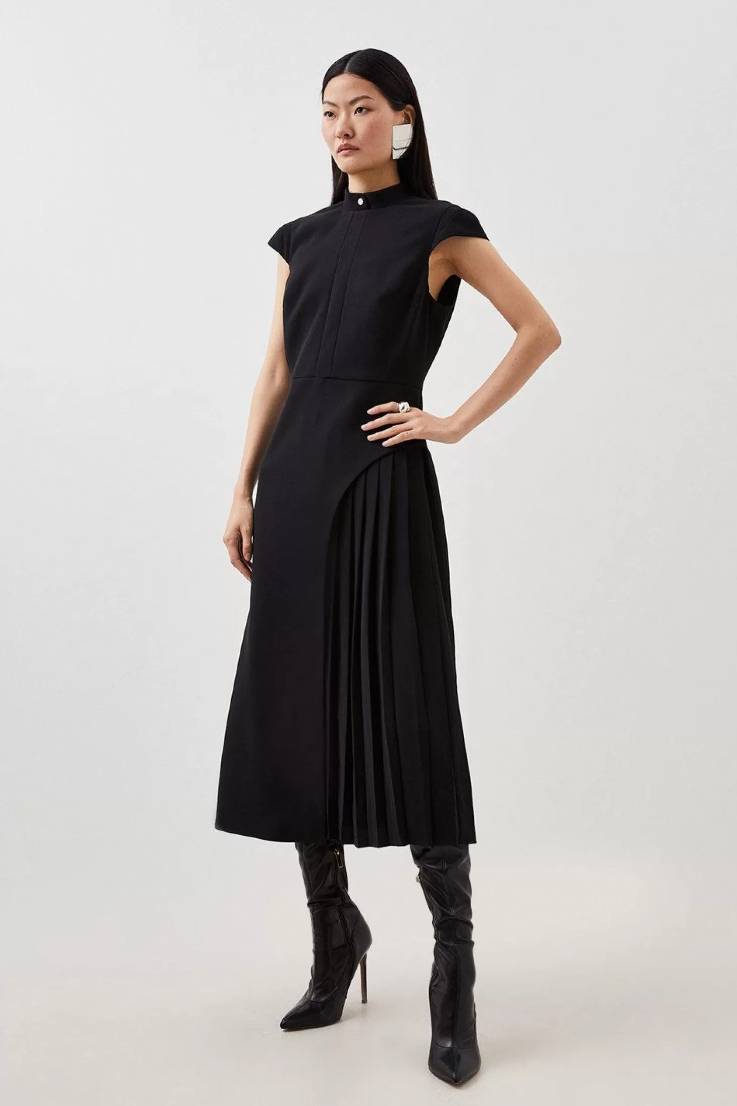 Karen Millen Military Pleated Tailored Crepe Midi Dress