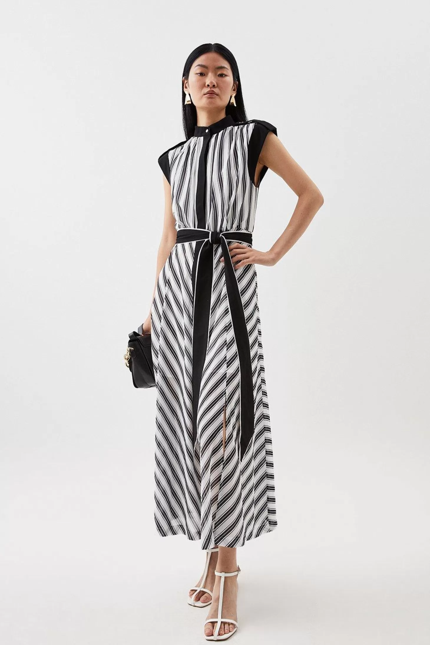 Karen Millen Military Striped Belted Woven Midi Dress