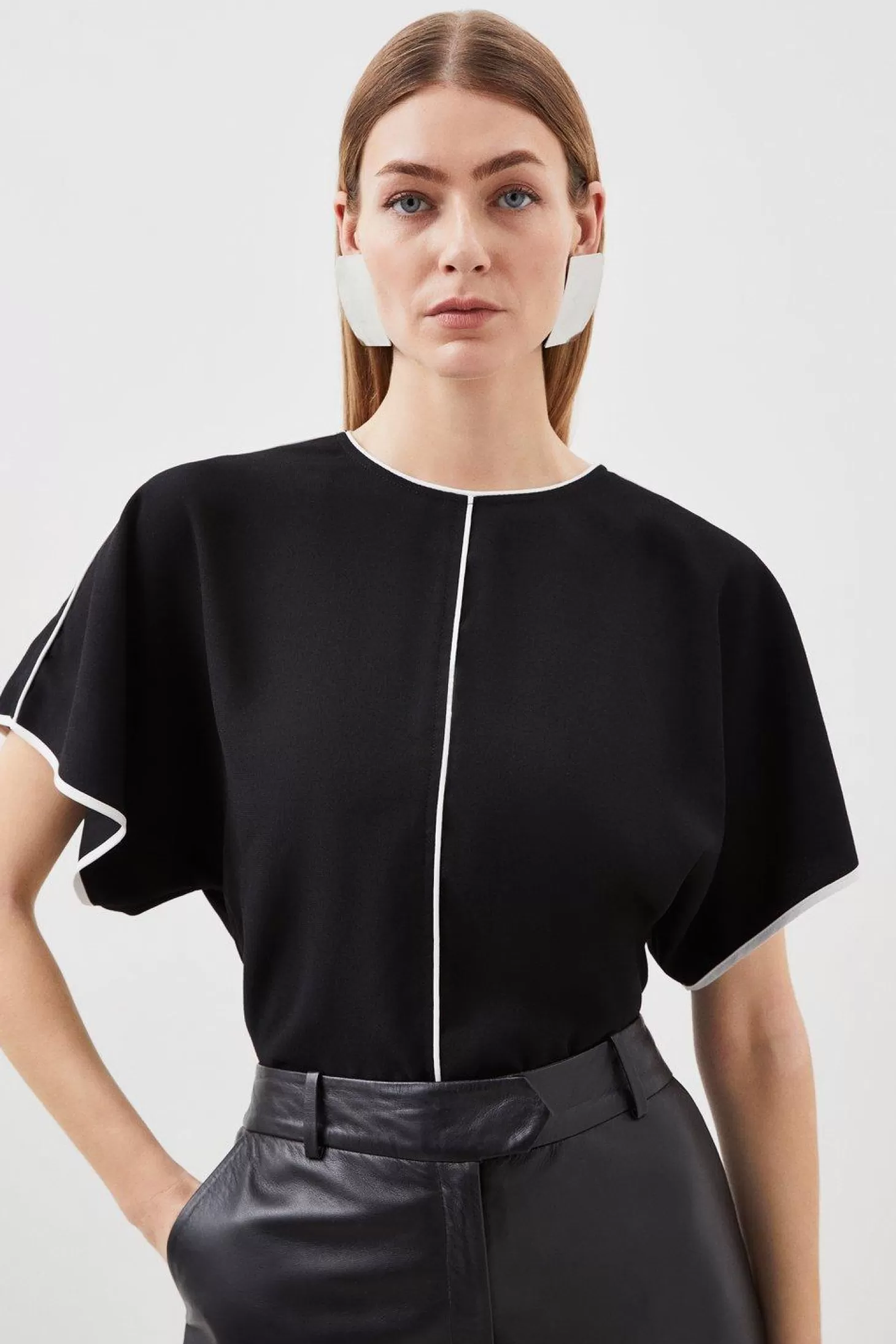 Karen Millen Mono Satin Back Woven Crepe Contrast Batwing Blouse