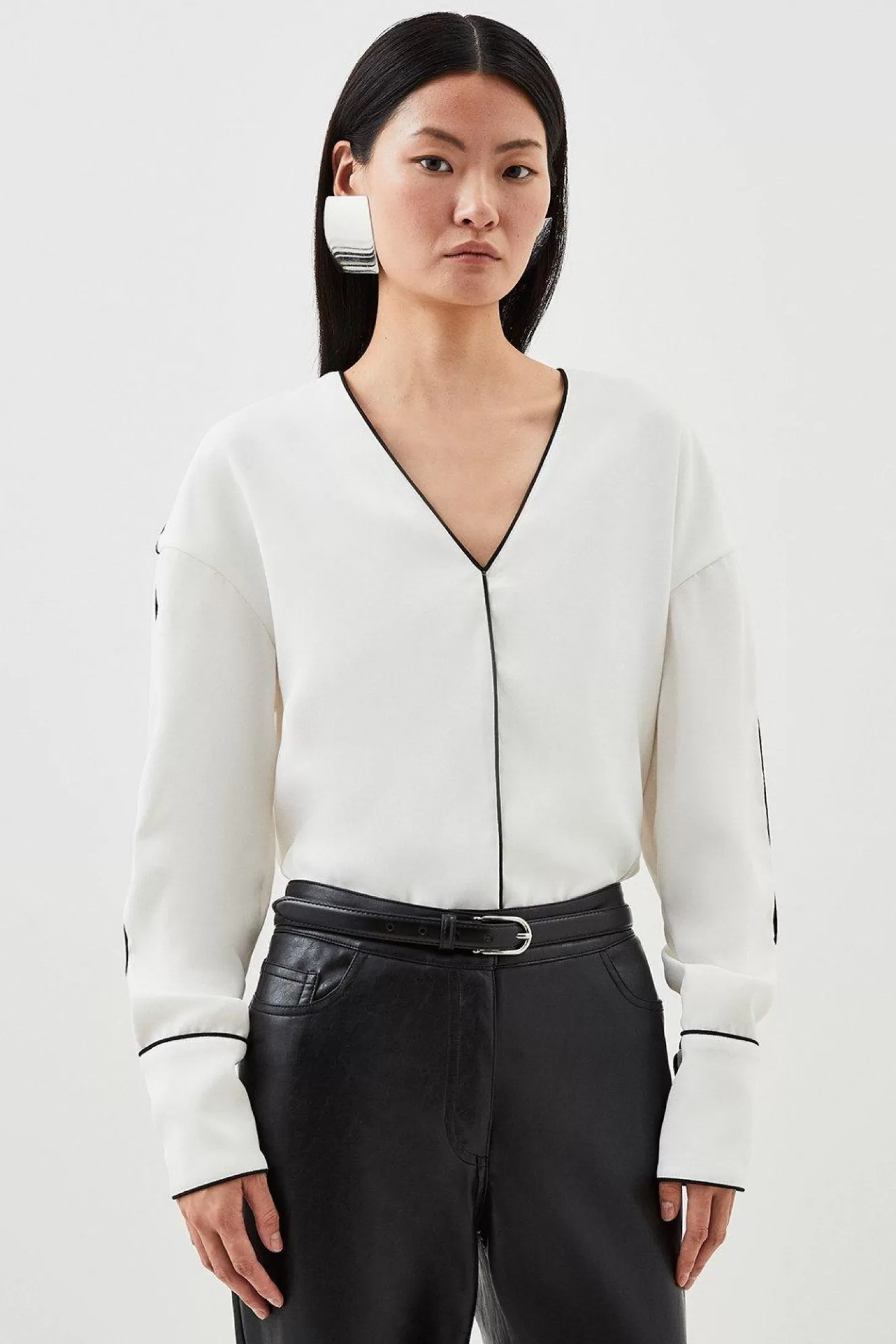 Karen Millen Mono Satin Back Woven Crepe Contrast Blouse