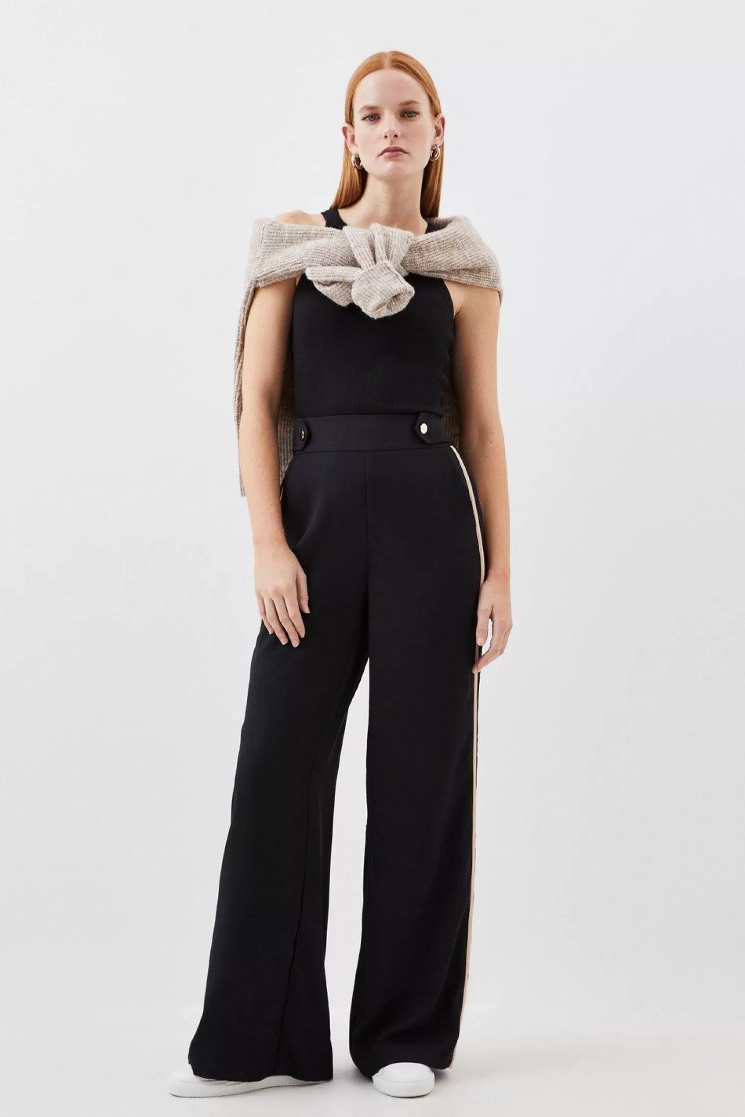 Karen Millen Mono Satin Back Woven Crepe Contrast Wide Leg Pants