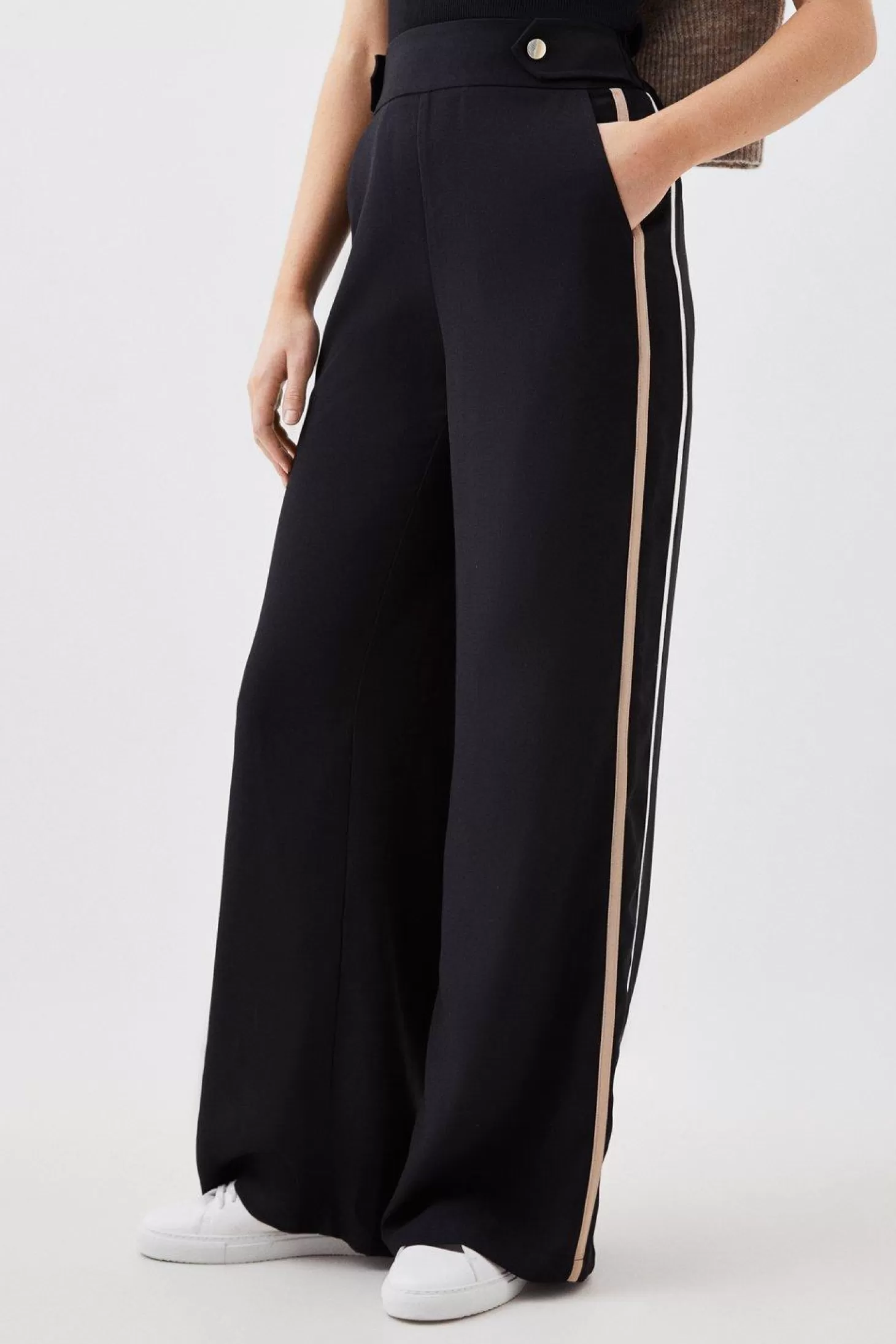 Karen Millen Mono Satin Back Woven Crepe Contrast Wide Leg Pants