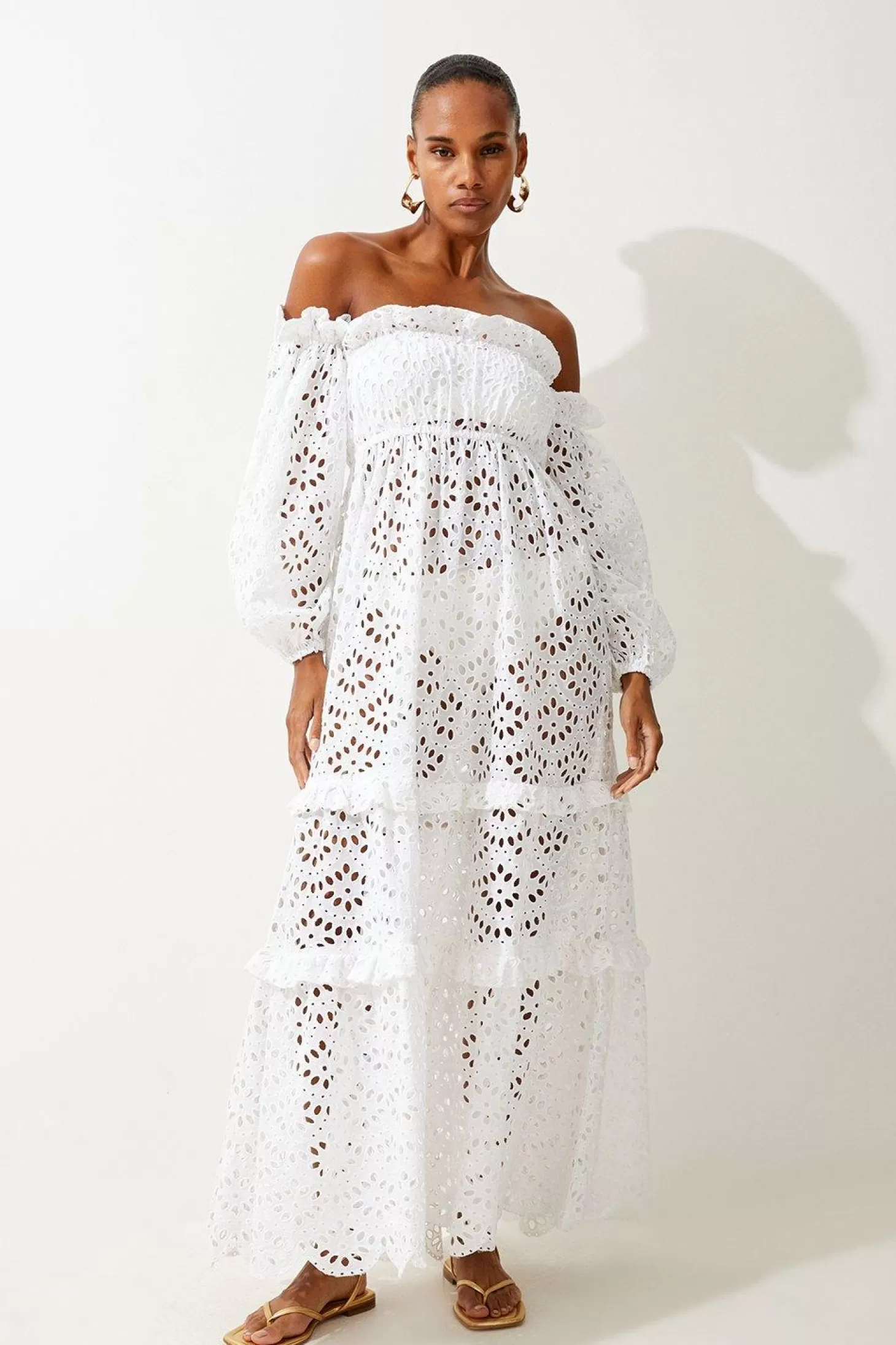 Karen Millen Off Shoulder Eyelet Maxi Beach Woven Dress