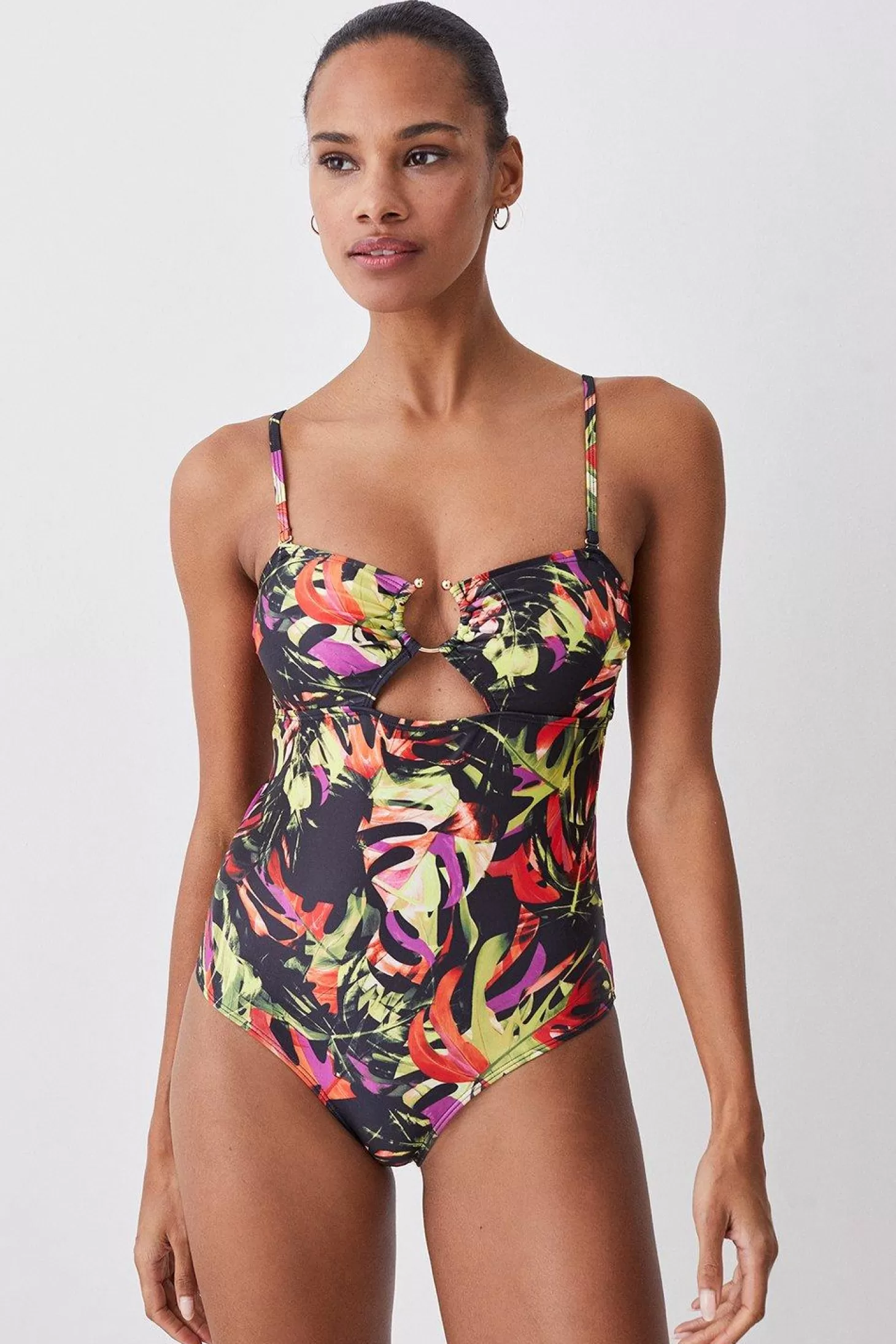 Karen Millen Palm Print Gold Trim Cut Out Swimsuit