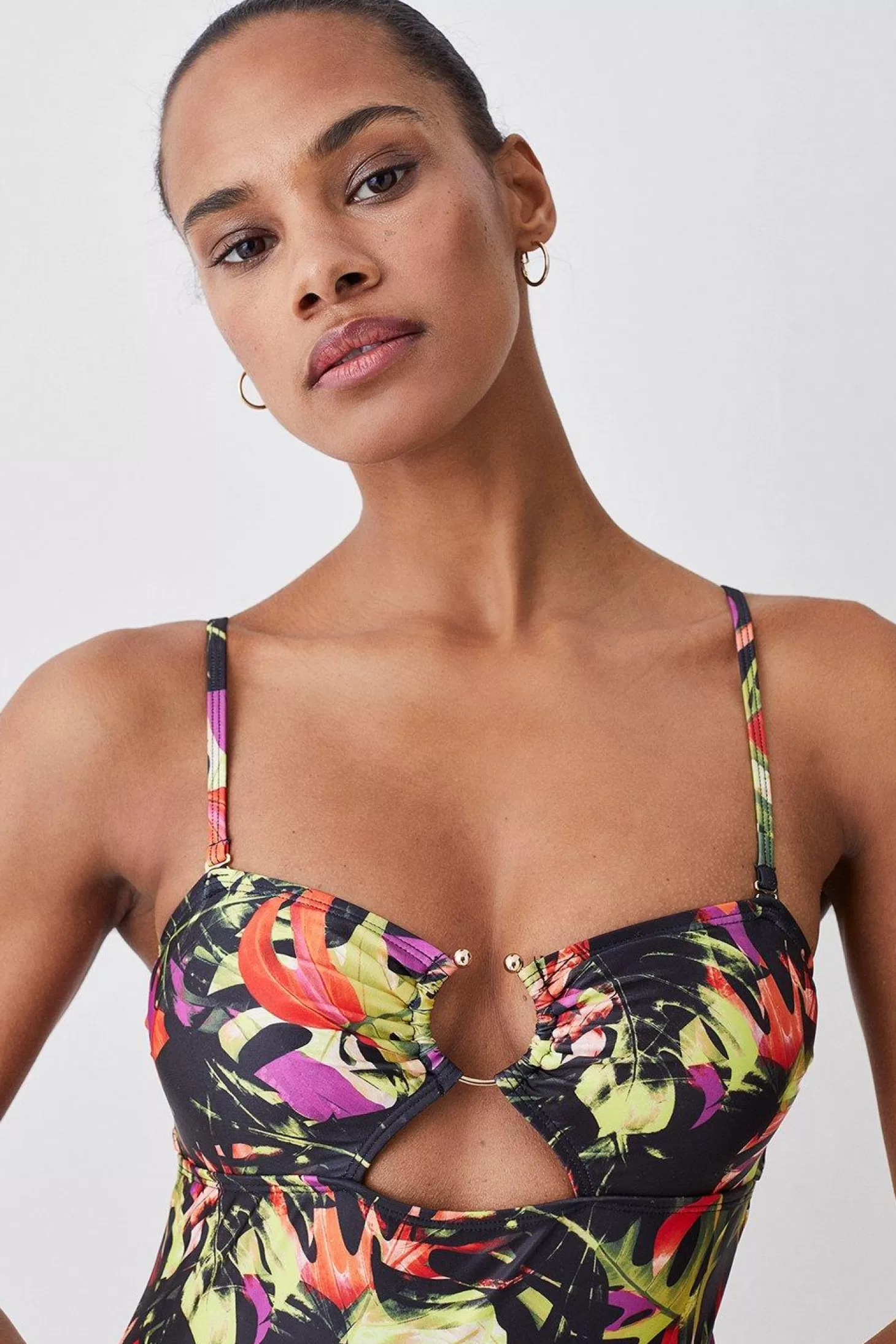 Karen Millen Palm Print Gold Trim Cut Out Swimsuit