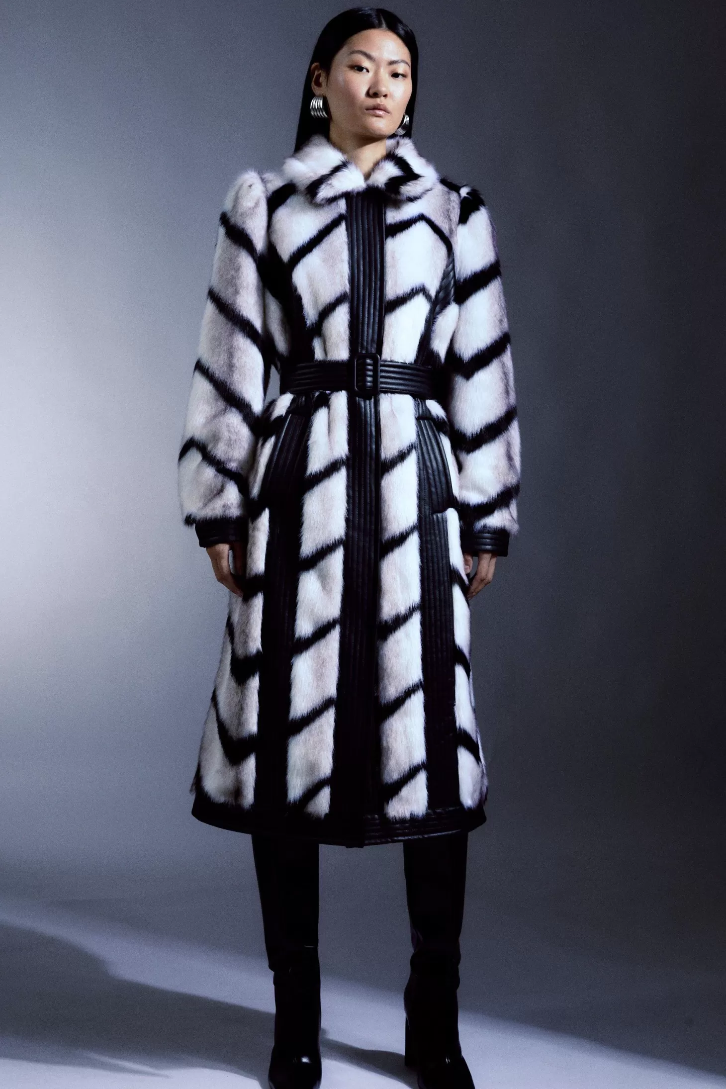 Karen Millen Panelled Stripe Faux Fur Pu Belted Long Coat