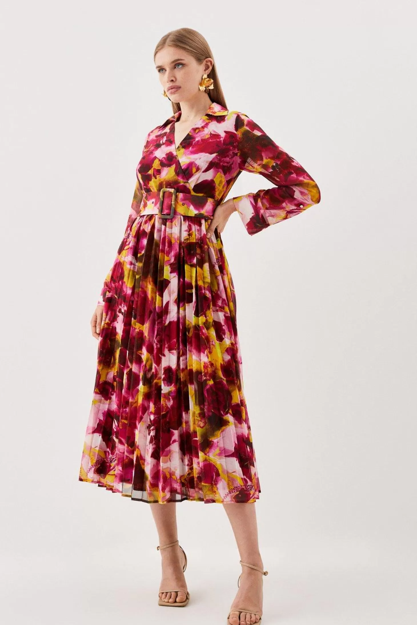 Karen Millen Petite Abstract Print Pleated Long Sleeve Maxi Dress