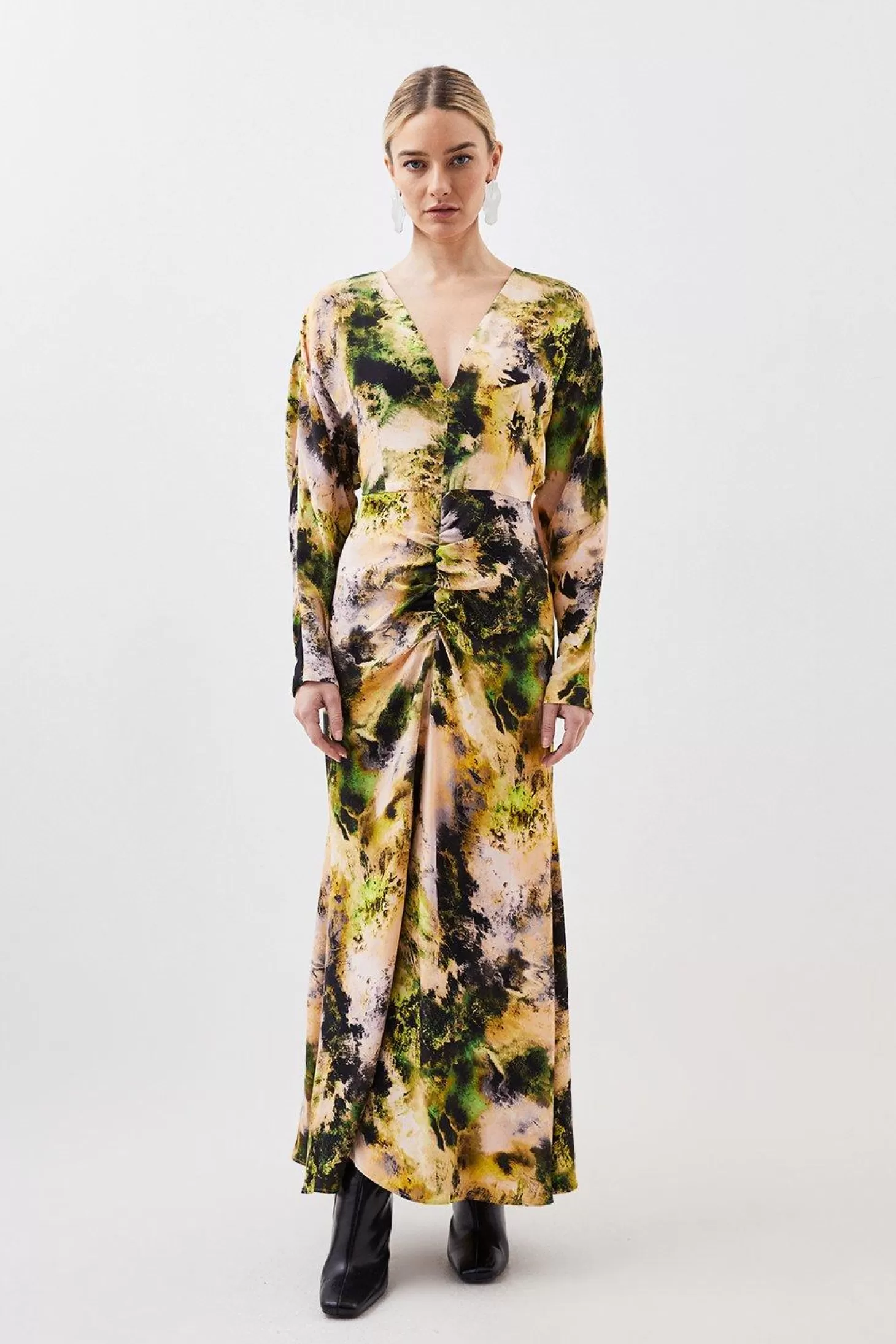 Karen Millen Petite Abstract Print Viscose Satin Batwing Long Sleeve Midi