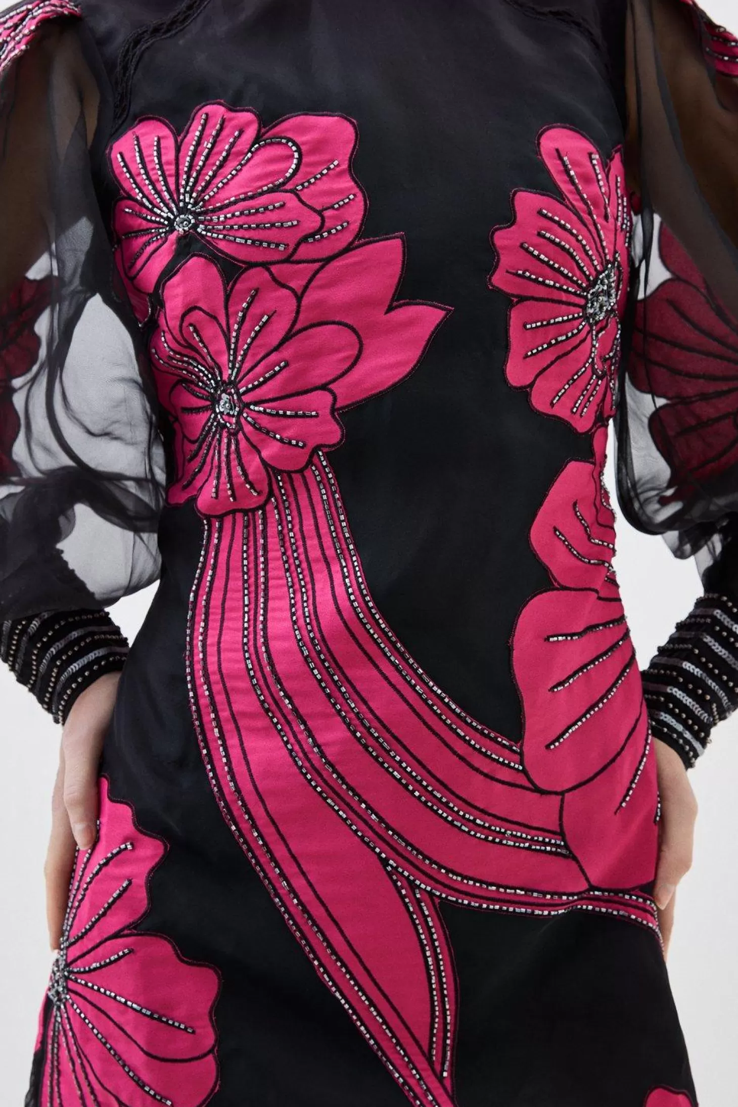 Karen Millen Petite Applique Organdie Floral Graphic Woven Mini Dress