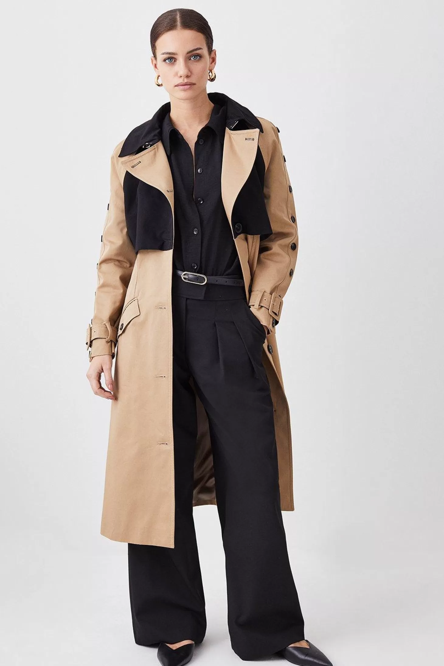 Karen Millen Petite Button Detail Color Block Detail Trench Coat