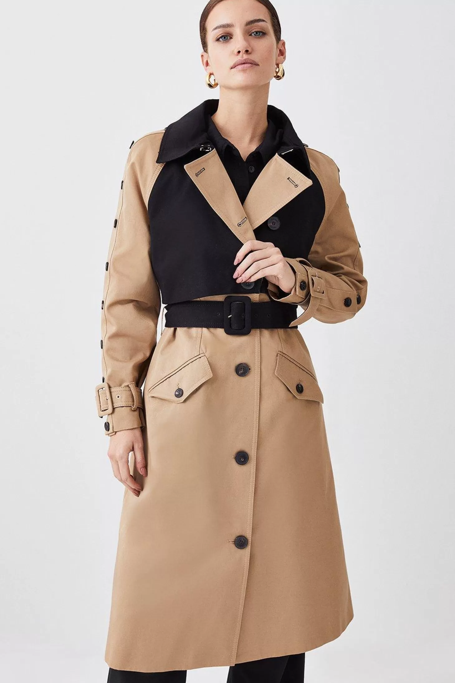 Karen Millen Petite Button Detail Color Block Detail Trench Coat