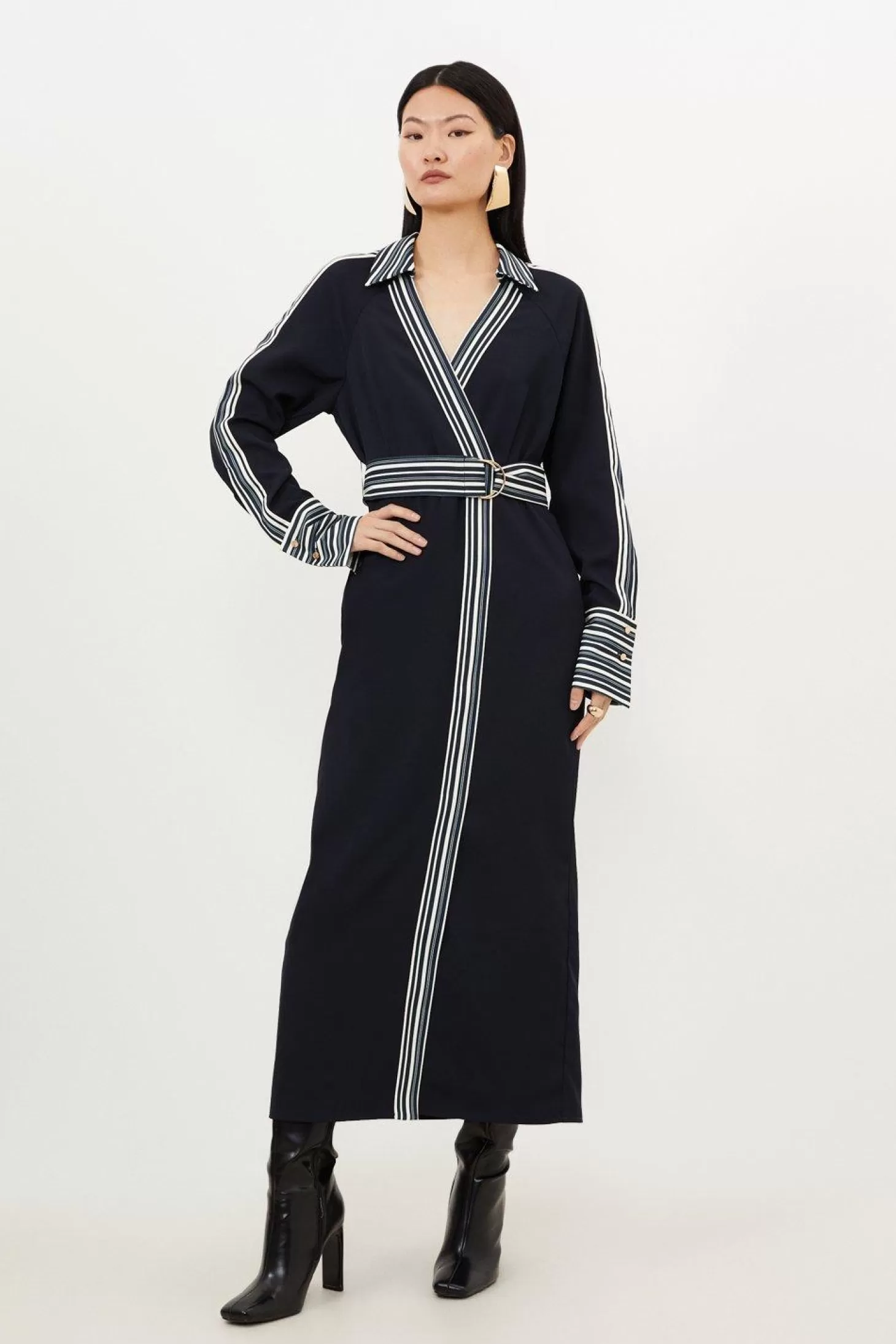 Karen Millen Petite Collared Contrast Twill Woven Belted Midaxi Dress