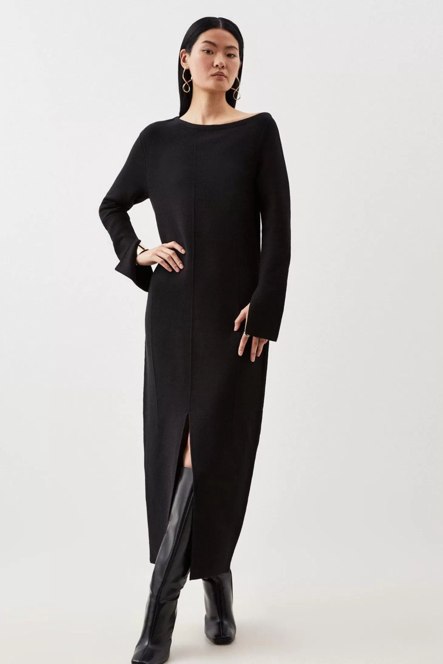 Karen Millen Petite Compact Knit Wool Look Drop Shoulder Midi Dress