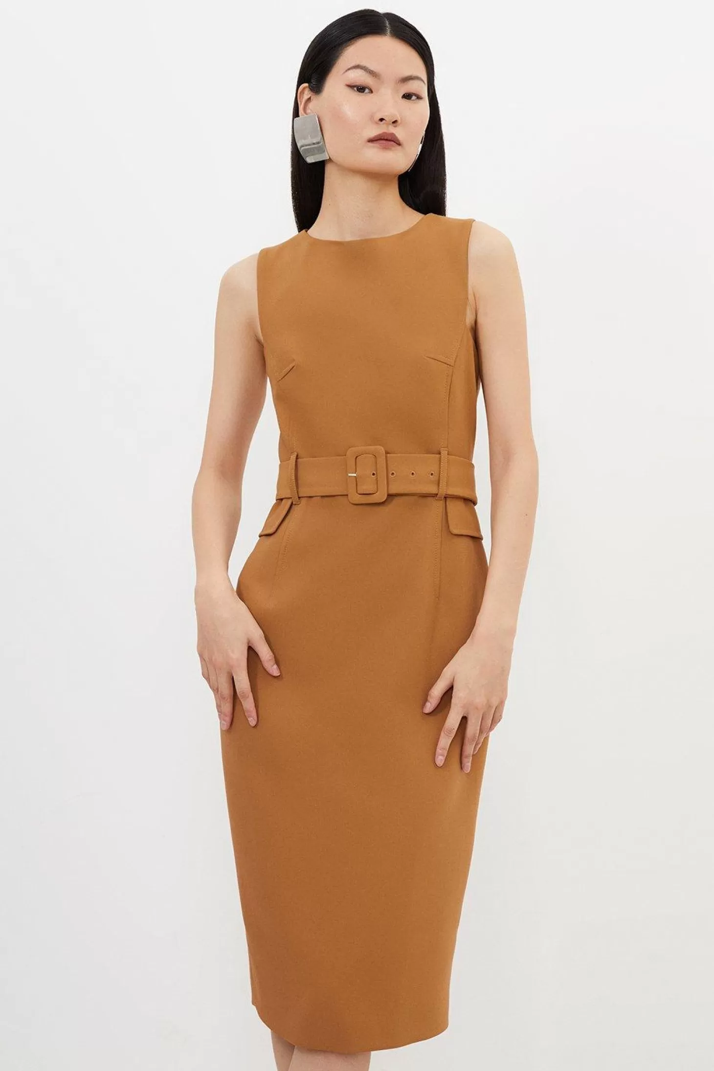 Karen Millen Petite Compact Stretch Belted Tailored Midi Pencil Dress