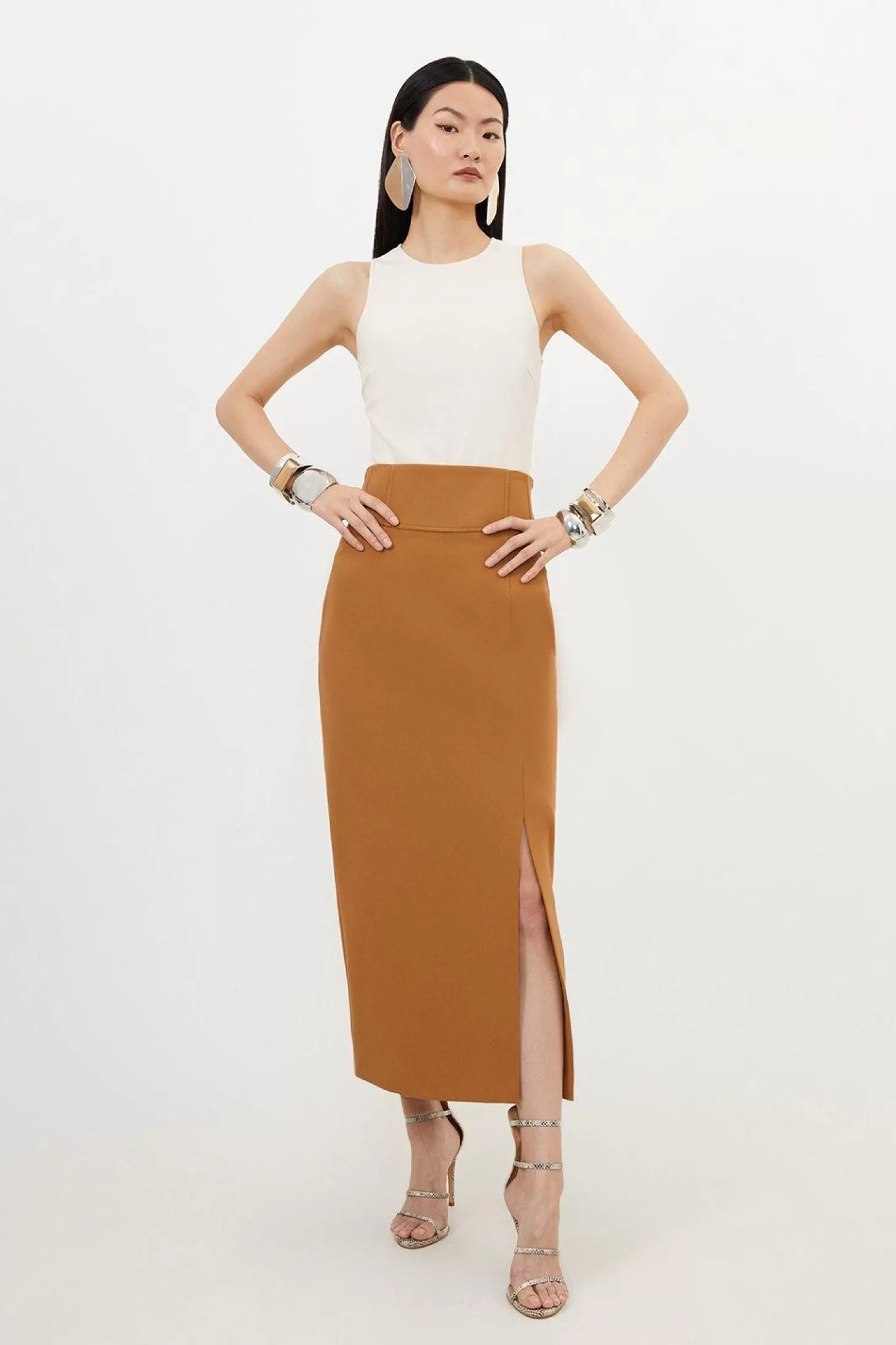 Karen Millen Petite Compact Stretch Side Split Tailored Midi Pencil Skirt