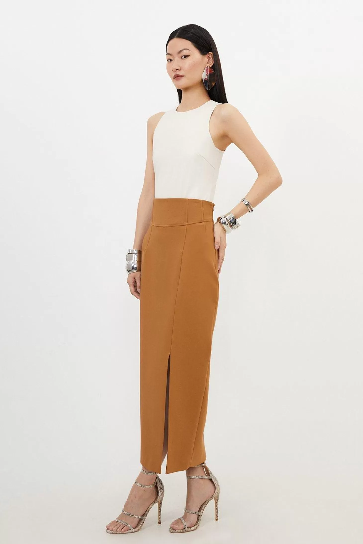 Karen Millen Petite Compact Stretch Side Split Tailored Midi Pencil Skirt