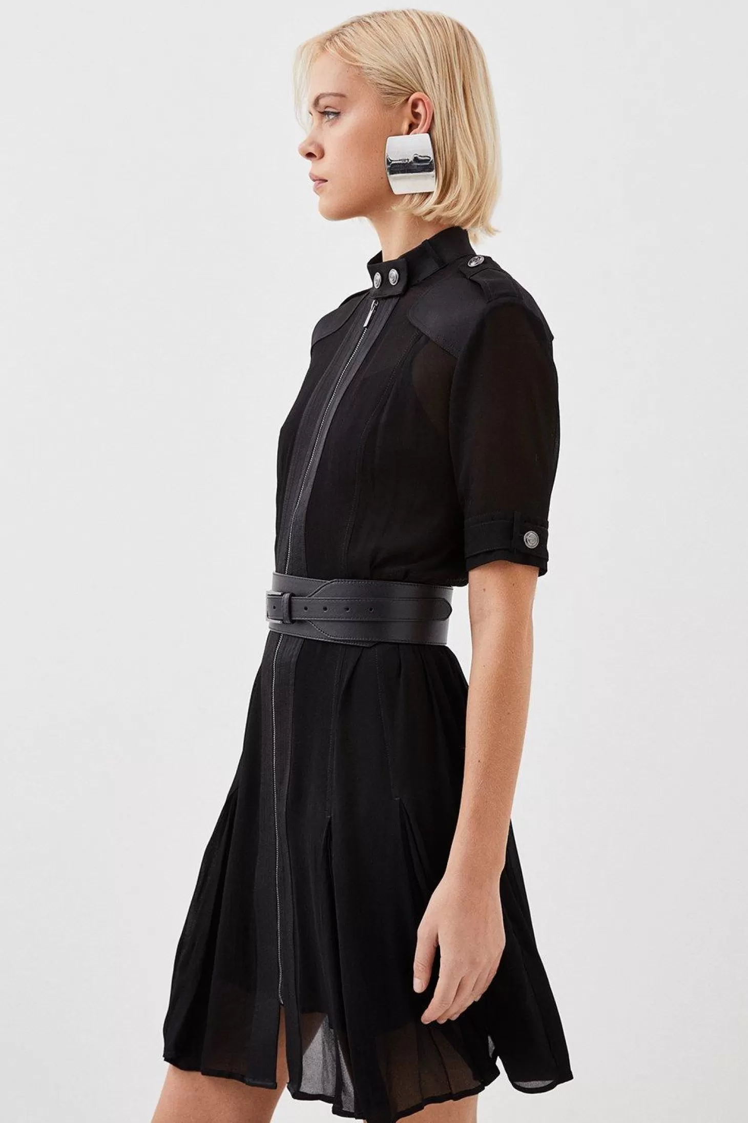 Karen Millen Petite Contrast Panel Sheer Short Sleeve Woven Mini Dress