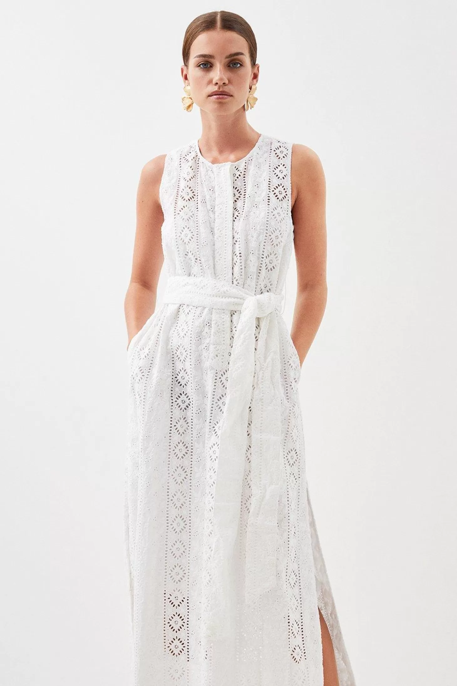 Karen Millen Petite Cotton Eyelet Belted Sleeveless Maxi Dress