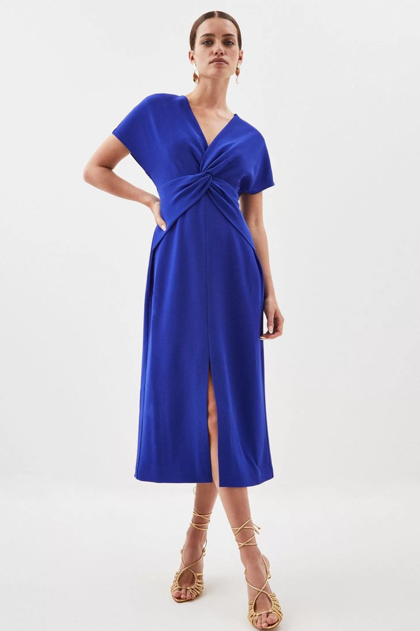 Karen Millen Petite Crepe Twist Waist Detail Cap Sleeve Midi Dress