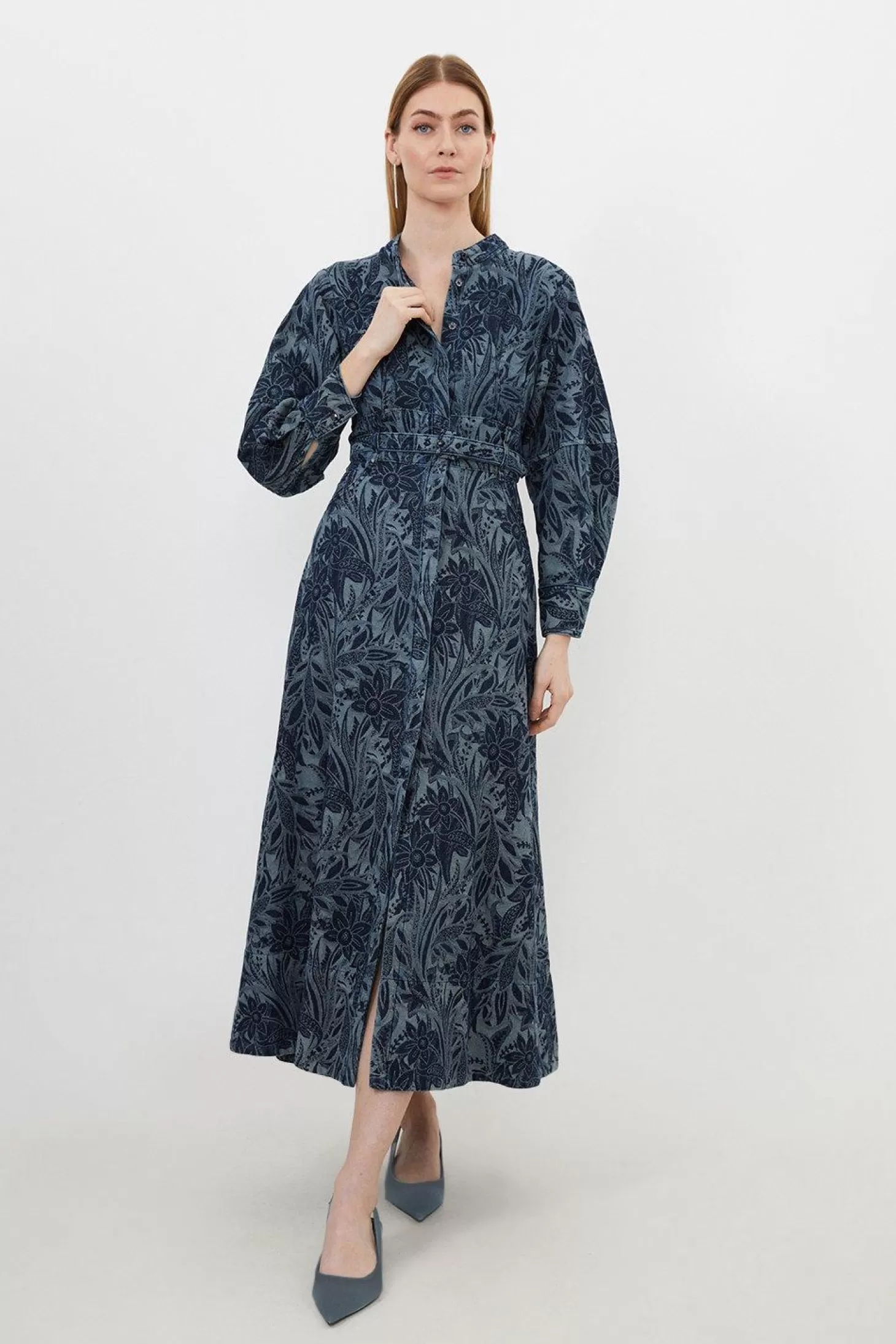 Karen Millen Petite Denim Floral Jacquard Woven Midi Dress