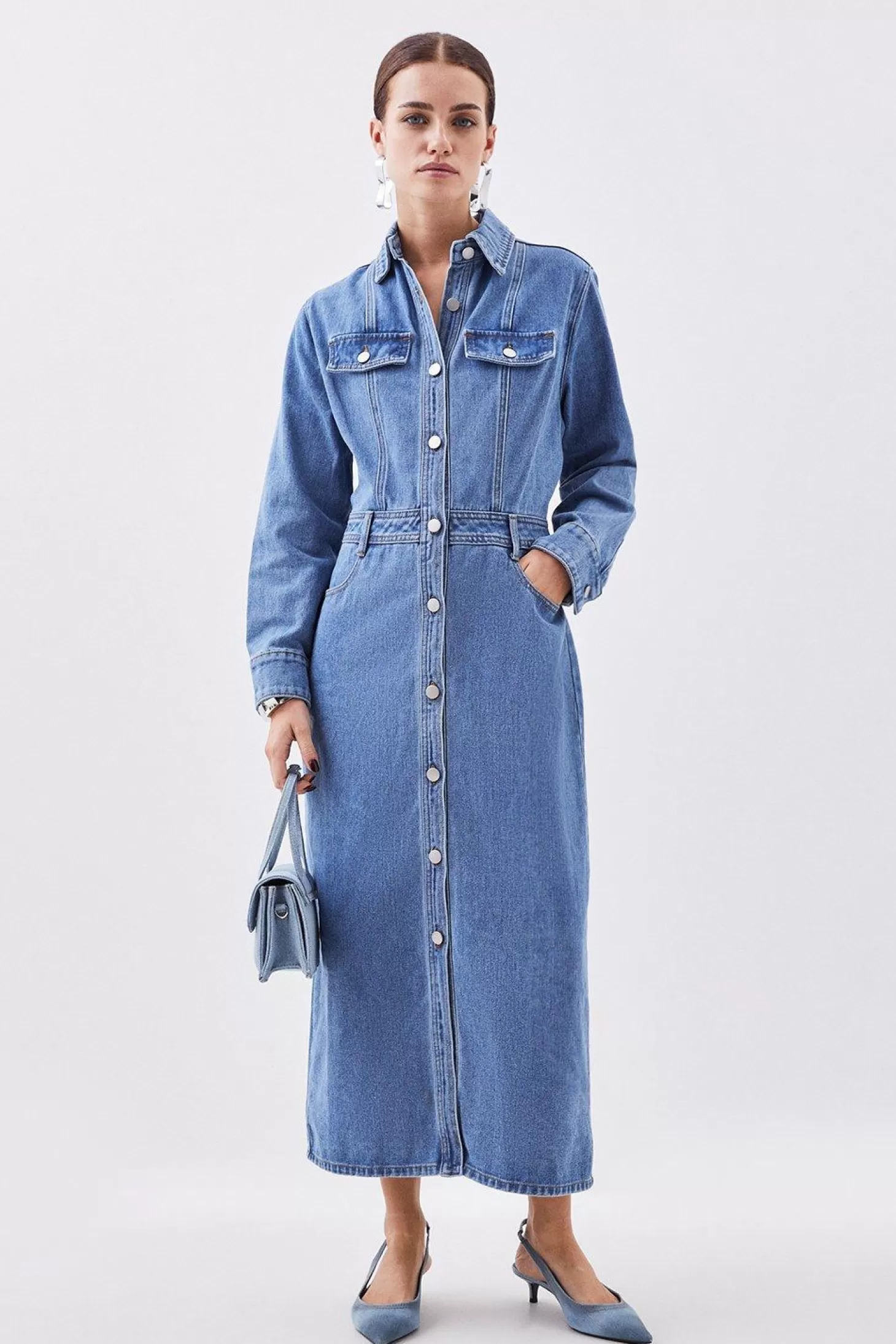 Karen Millen Petite Denim Long Sleeve Midi Shirt Dress