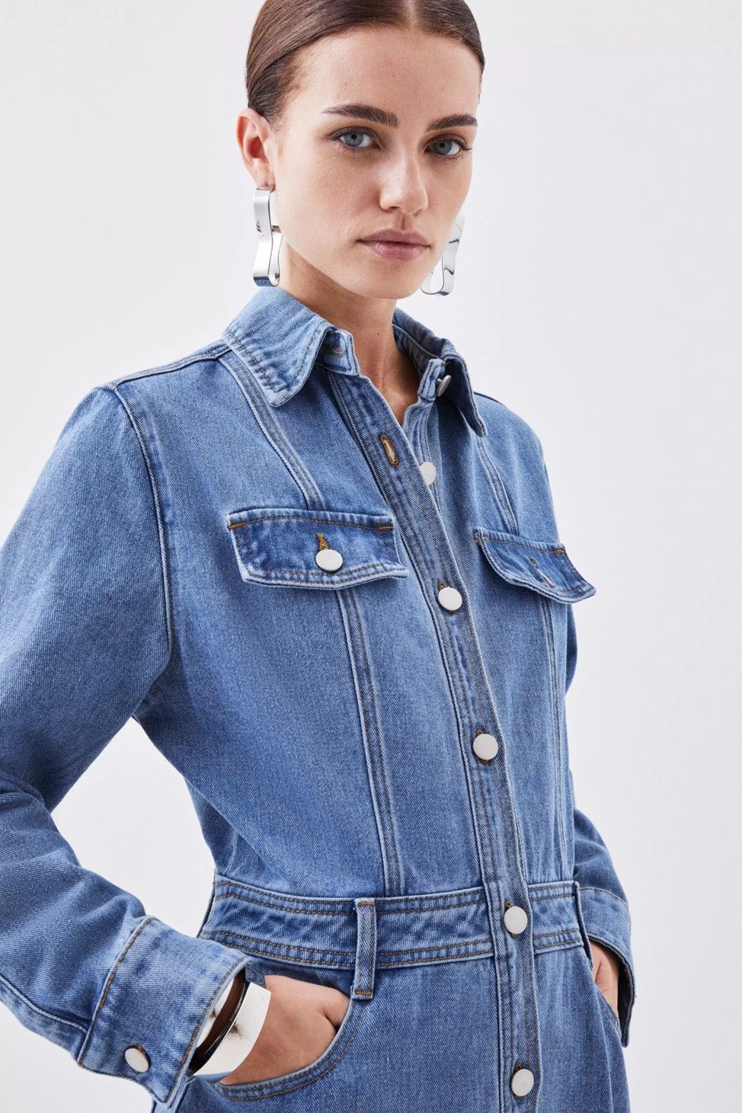 Karen Millen Petite Denim Long Sleeve Midi Shirt Dress