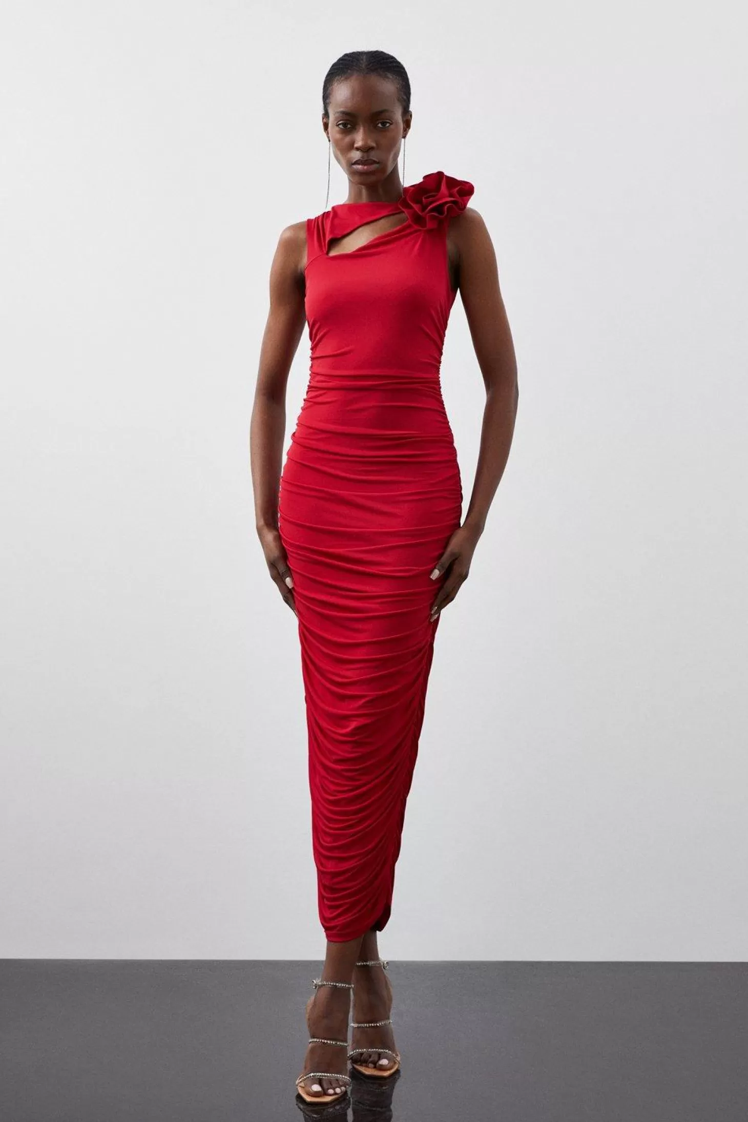 Karen Millen Petite Drapey Ruched Jersey Rosette Maxi Dress