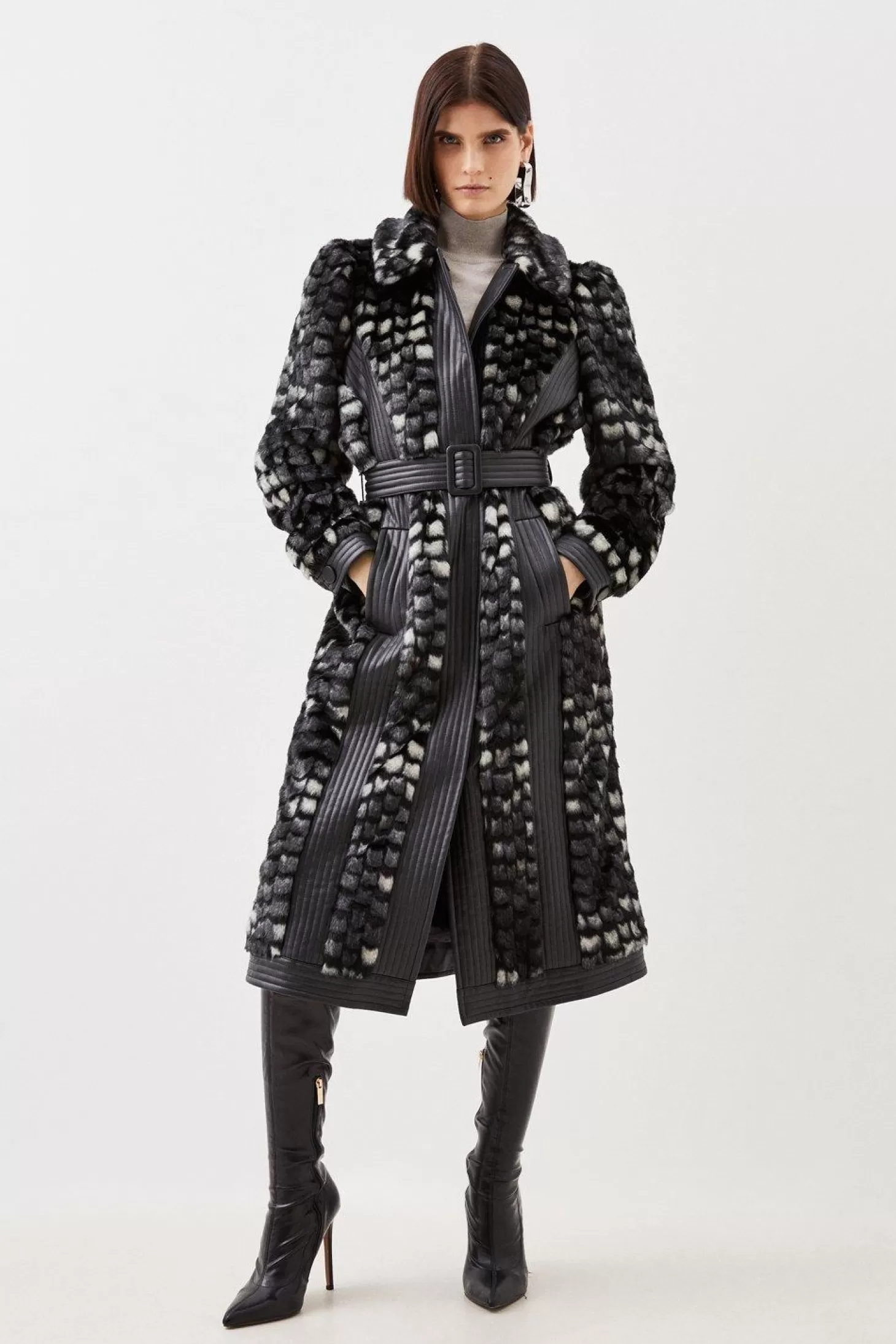 Karen Millen Petite Faux Fur Pu Panelled Abstract Belted Coat