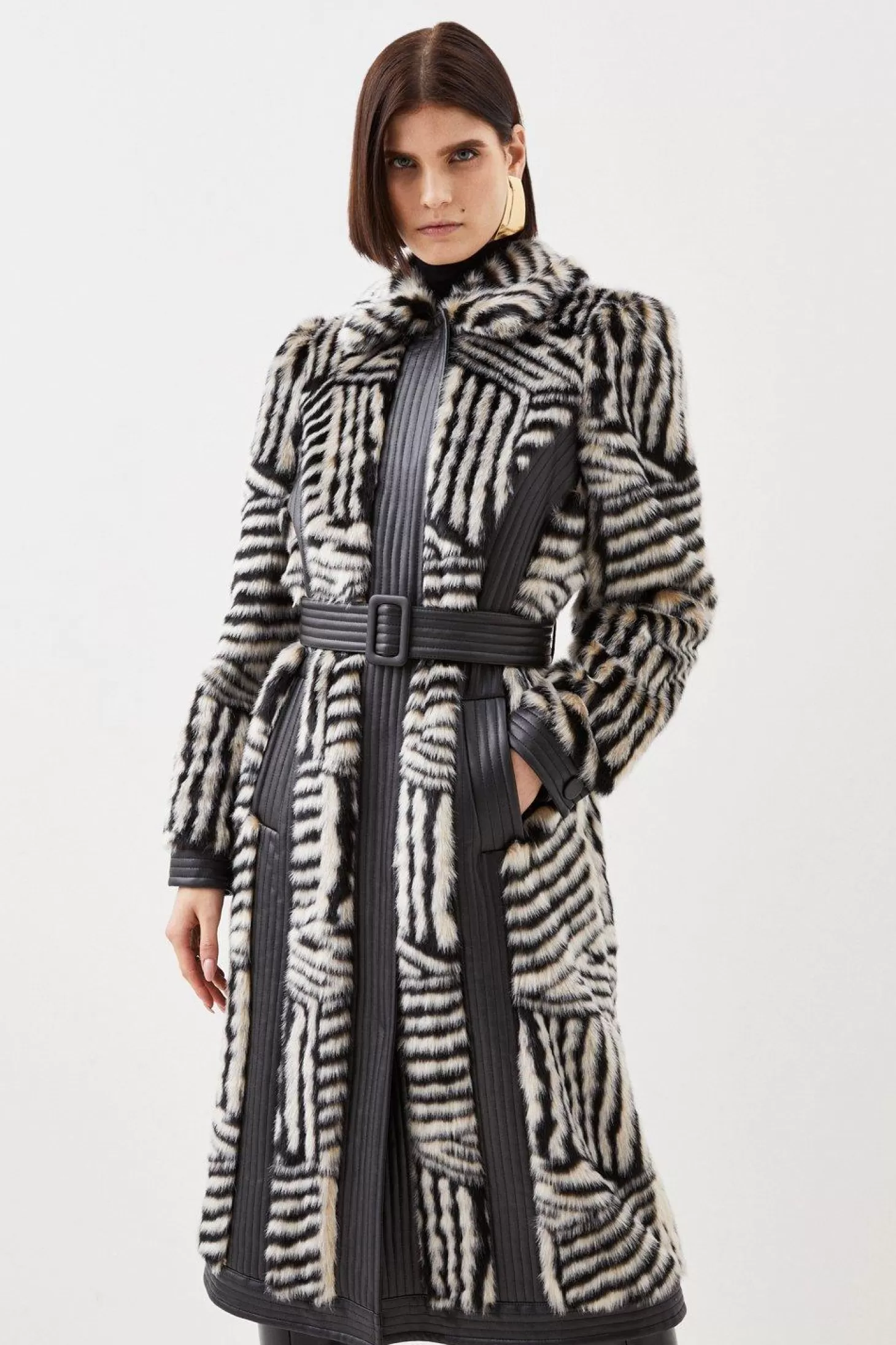 Karen Millen Petite Faux Fur Pu Panelled Stripe Belted Coat