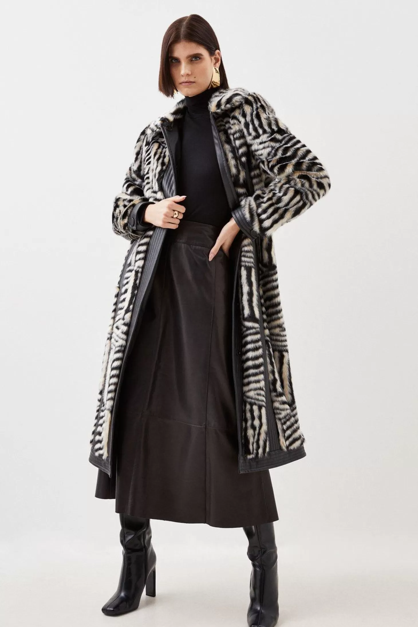 Karen Millen Petite Faux Fur Pu Panelled Stripe Belted Coat