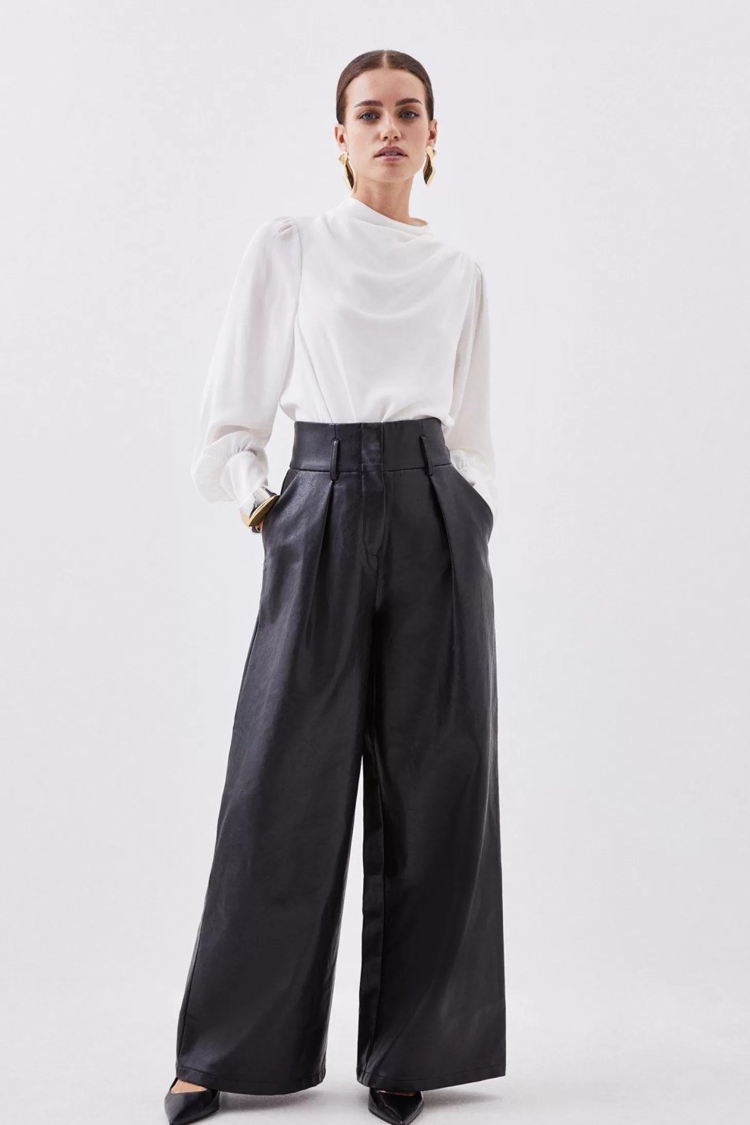 Karen Millen Petite Faux Leather High Waisted Wide Leg Pants