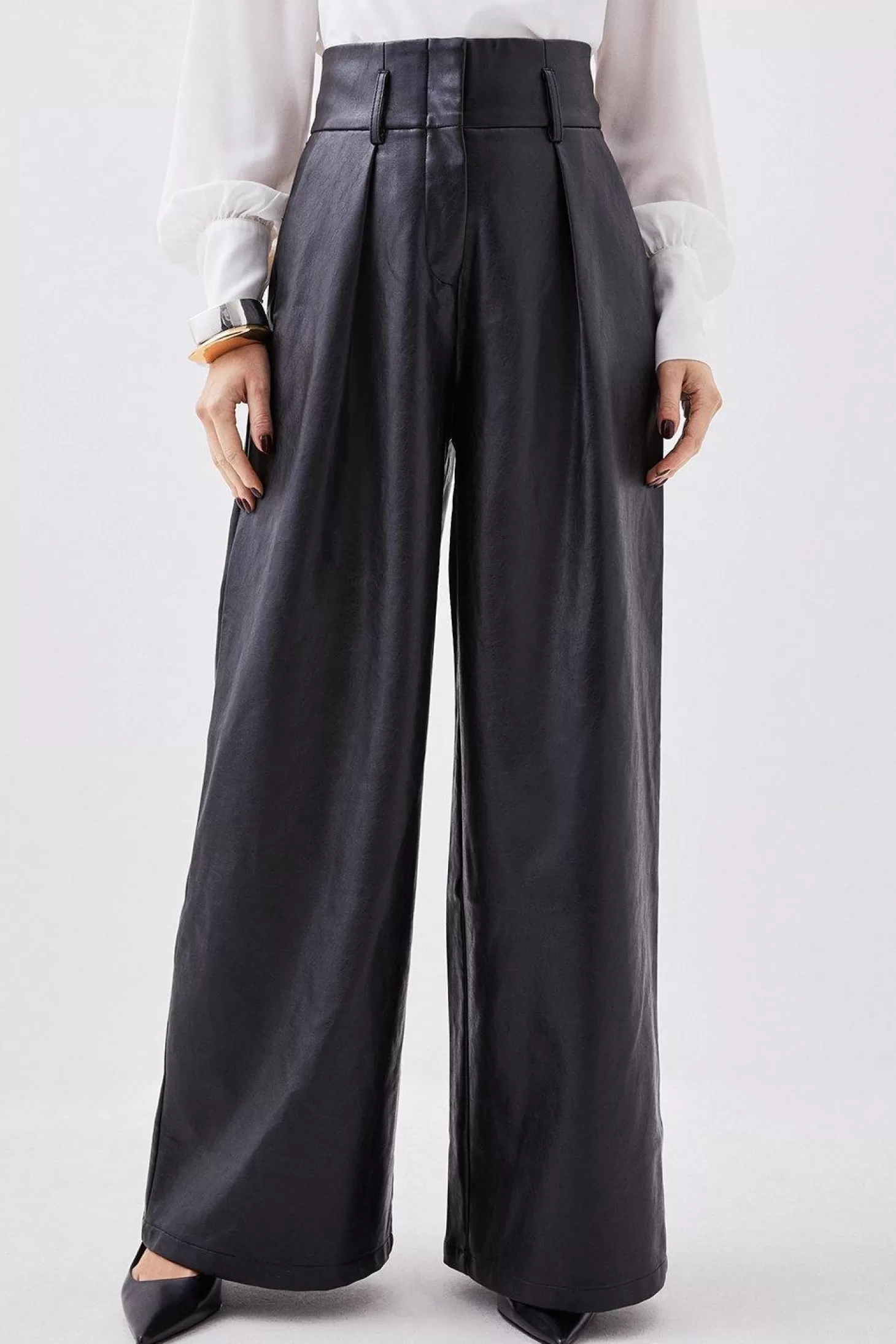 Karen Millen Petite Faux Leather High Waisted Wide Leg Pants