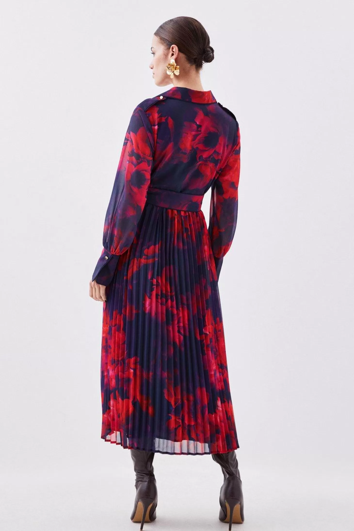 Karen Millen Petite Georgette Pleated And Belted Woven Maxi Dress