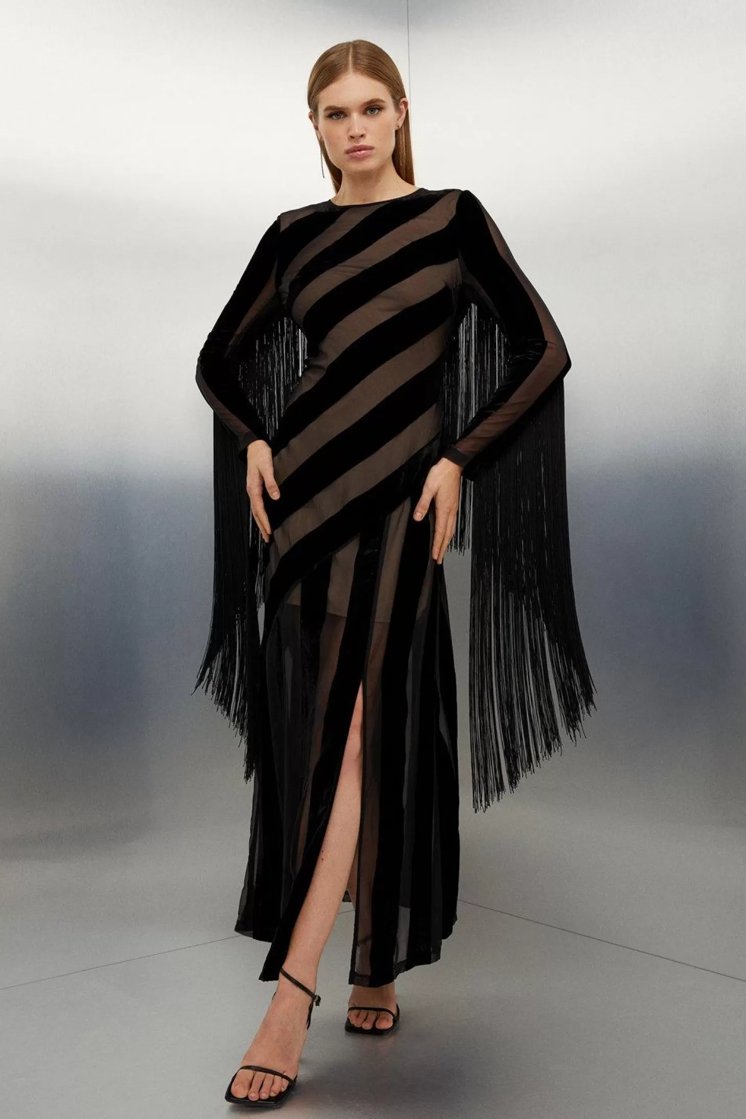 Karen Millen Petite Fringed Velvet Devore Long Sleeve Woven Maxi Dress