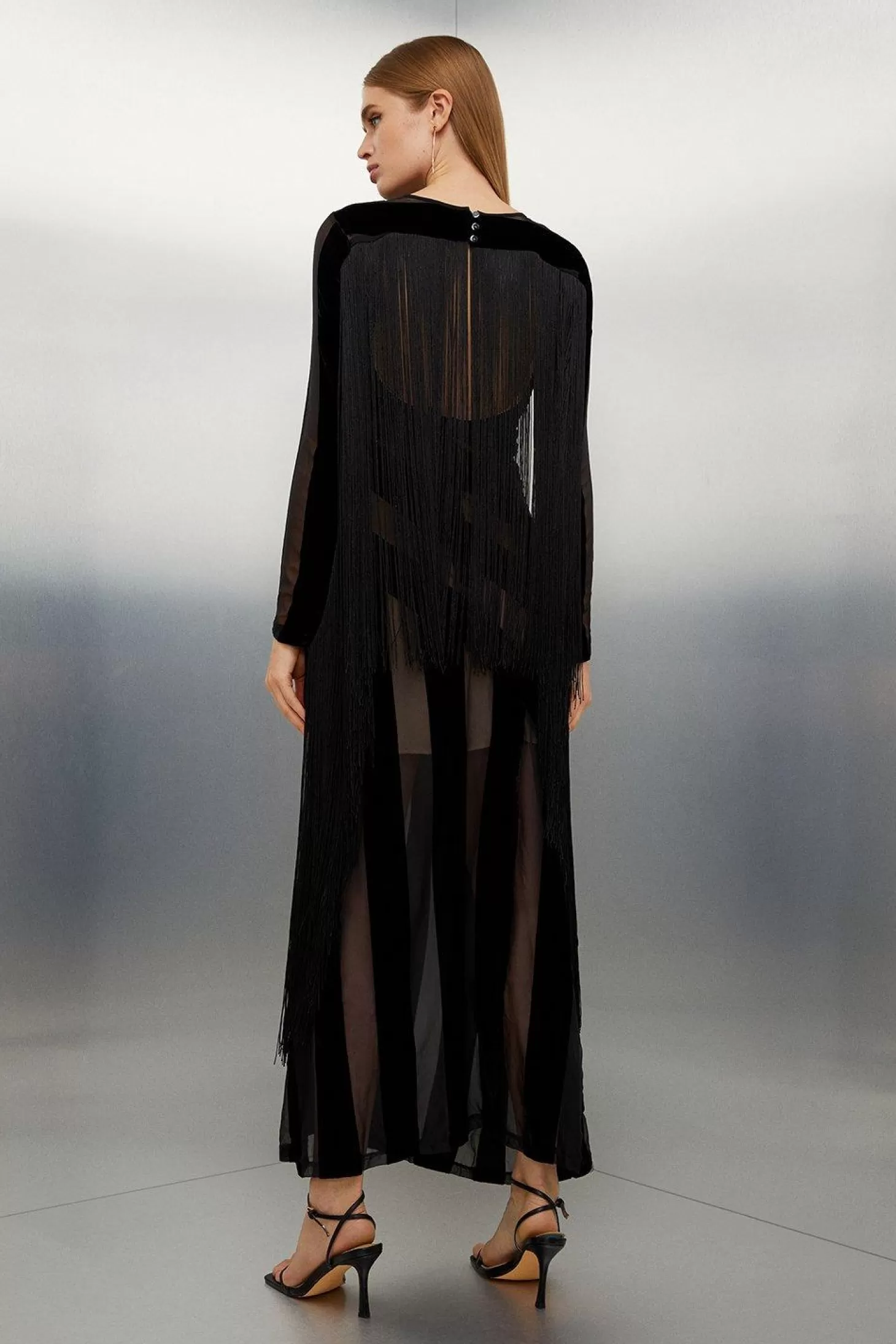 Karen Millen Petite Fringed Velvet Devore Long Sleeve Woven Maxi Dress