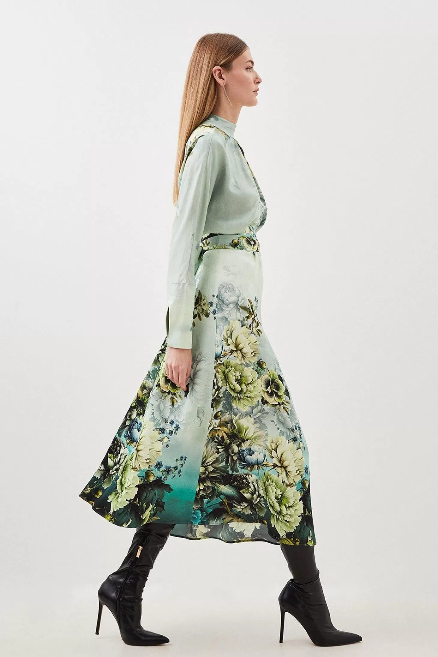 Karen Millen Petite Garden Floral Woven Viscose Satin Batwing Midi Dress