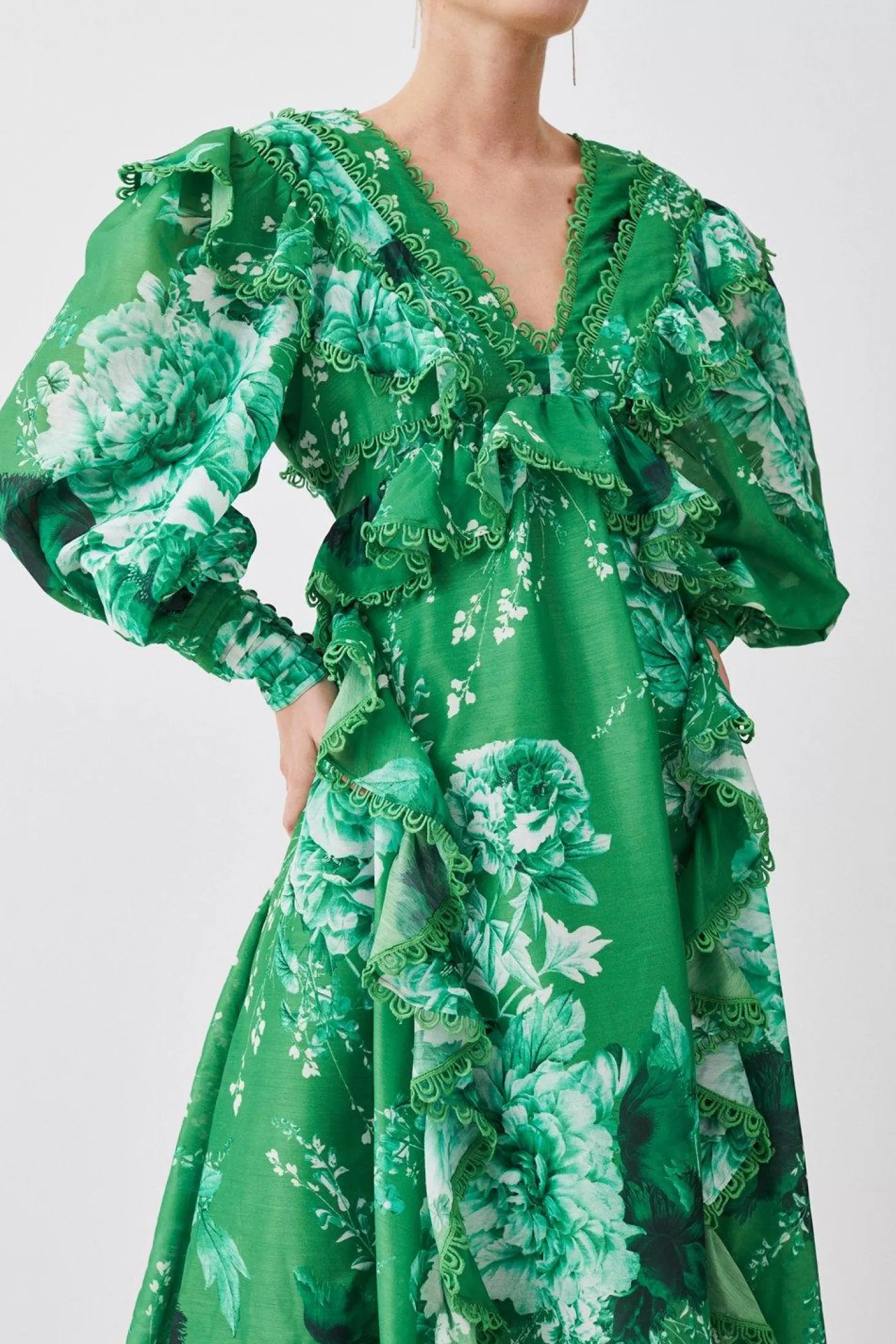 Karen Millen Petite Graphic Lace Trim Floral Woven Plunge Maxi Dress