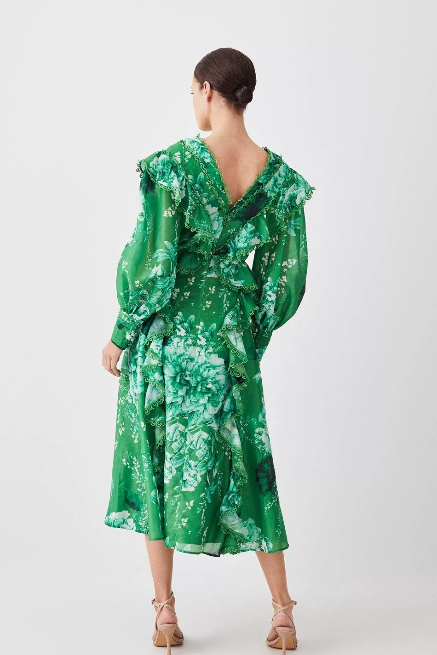 Karen Millen Petite Graphic Lace Trim Floral Woven Plunge Maxi Dress
