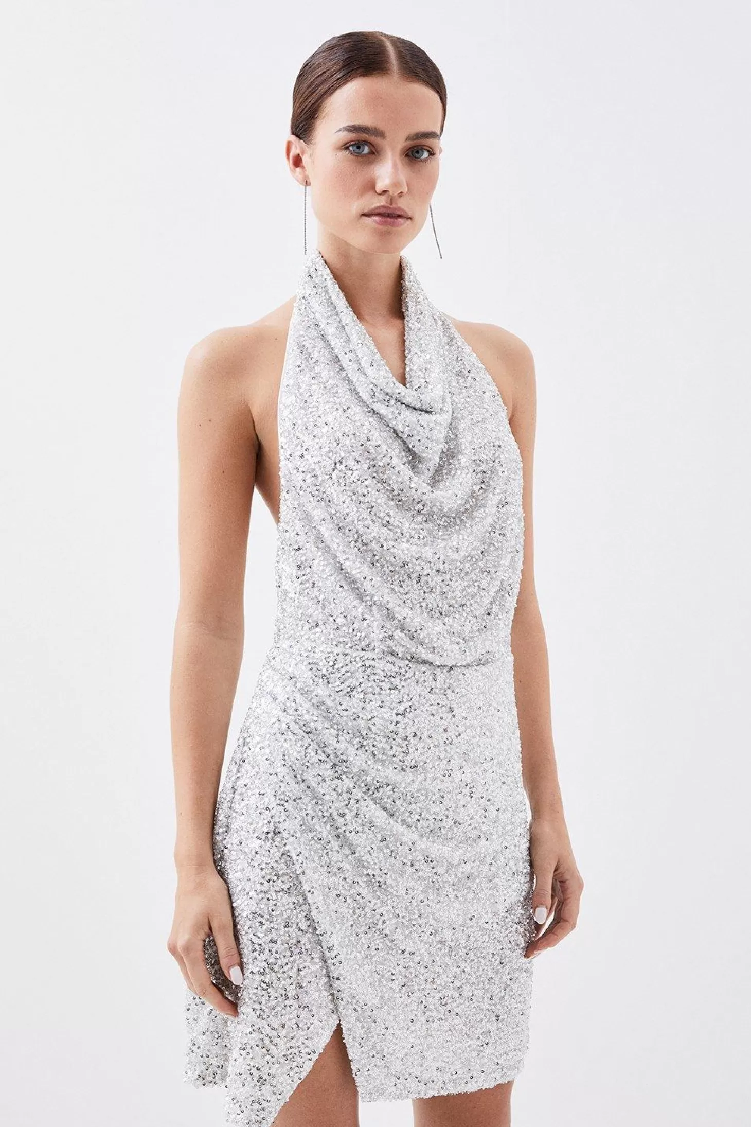 Karen Millen Petite Jersey Sequin Cowl Neck Mini Dress