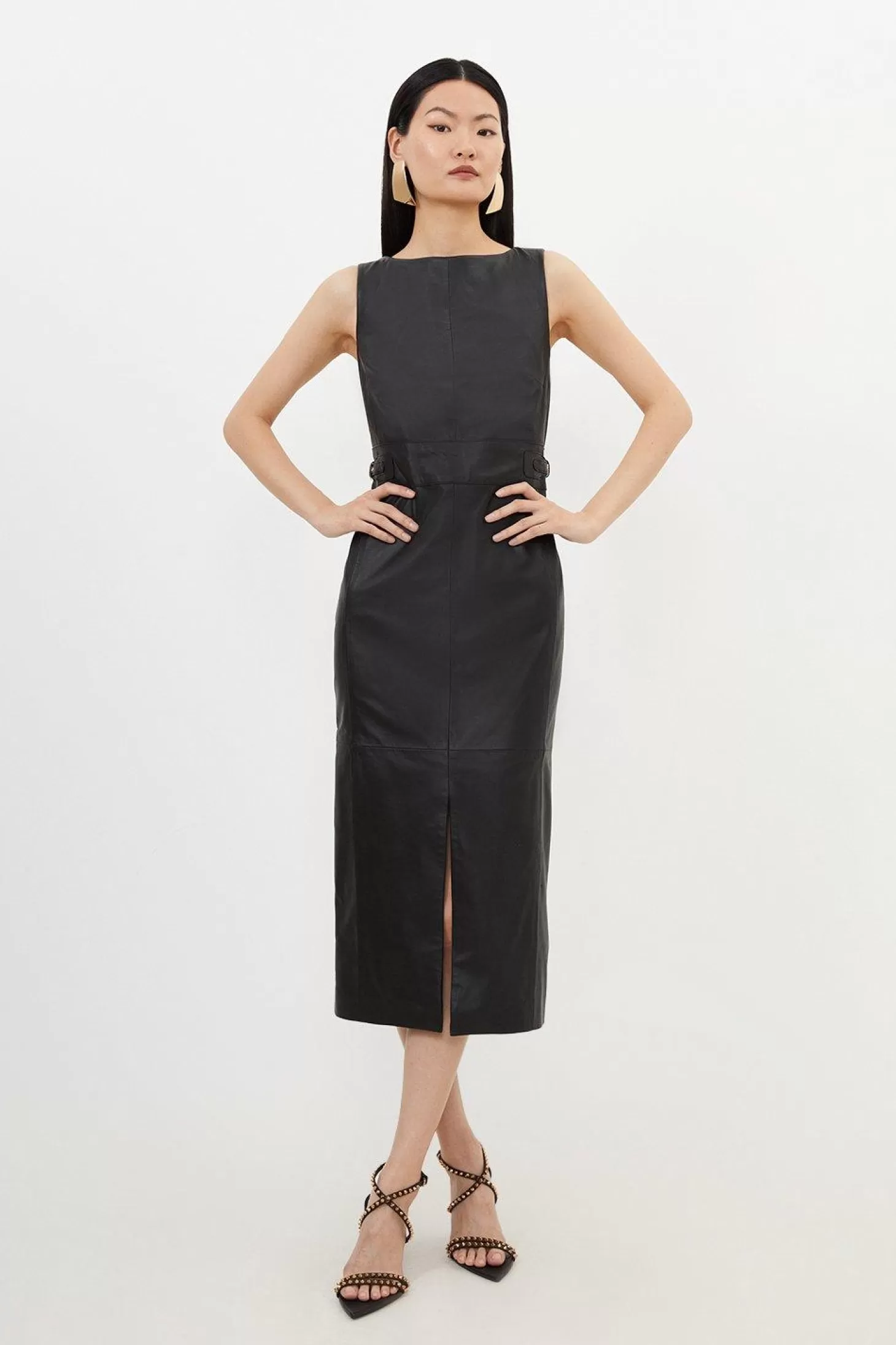 Karen Millen Petite Leather Waist Tab Detail Tailored Midaxi Pencil Dress