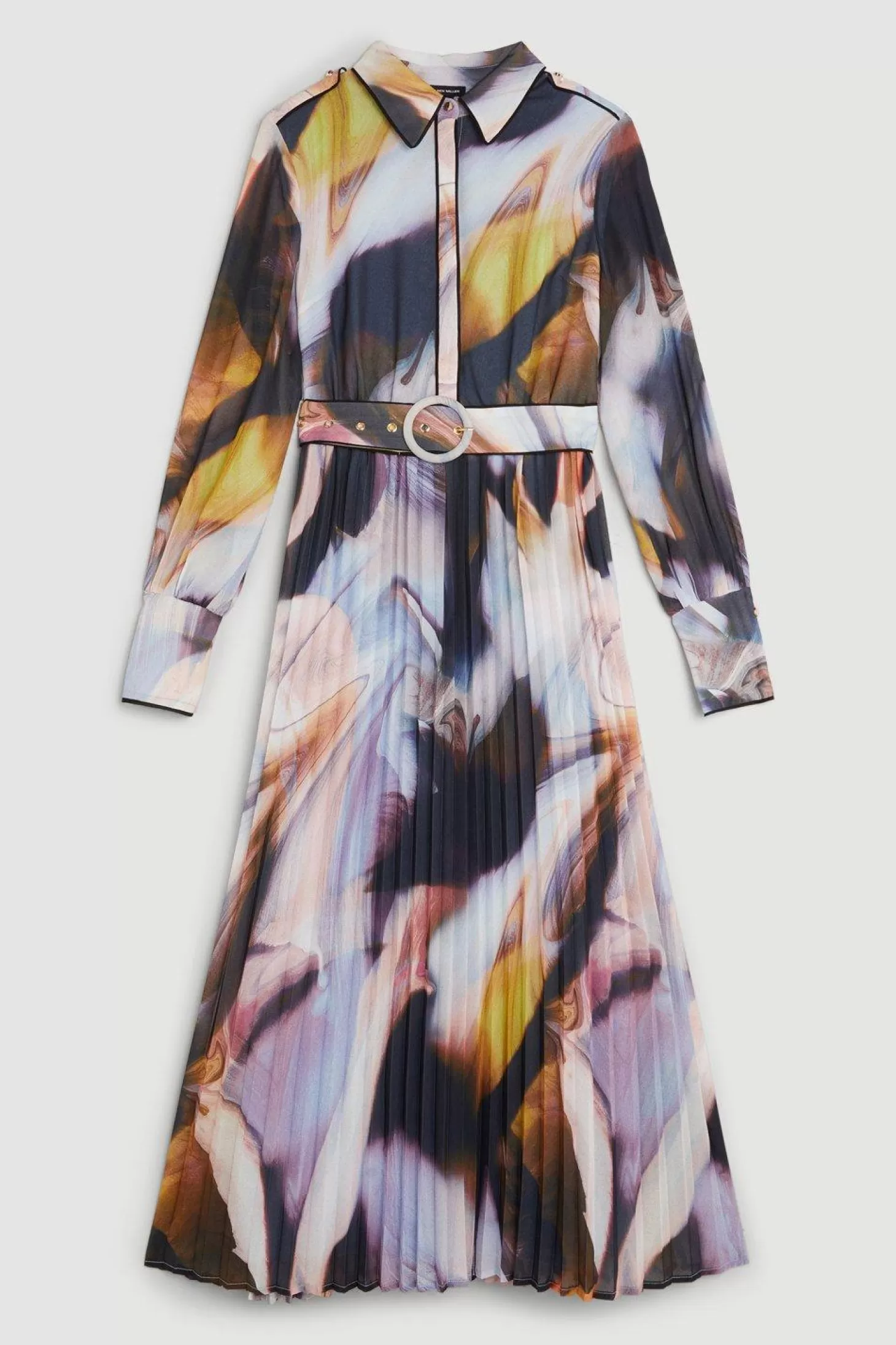Karen Millen Petite Marble Print Pleated Georgette Maxi Shirt Woven Dress