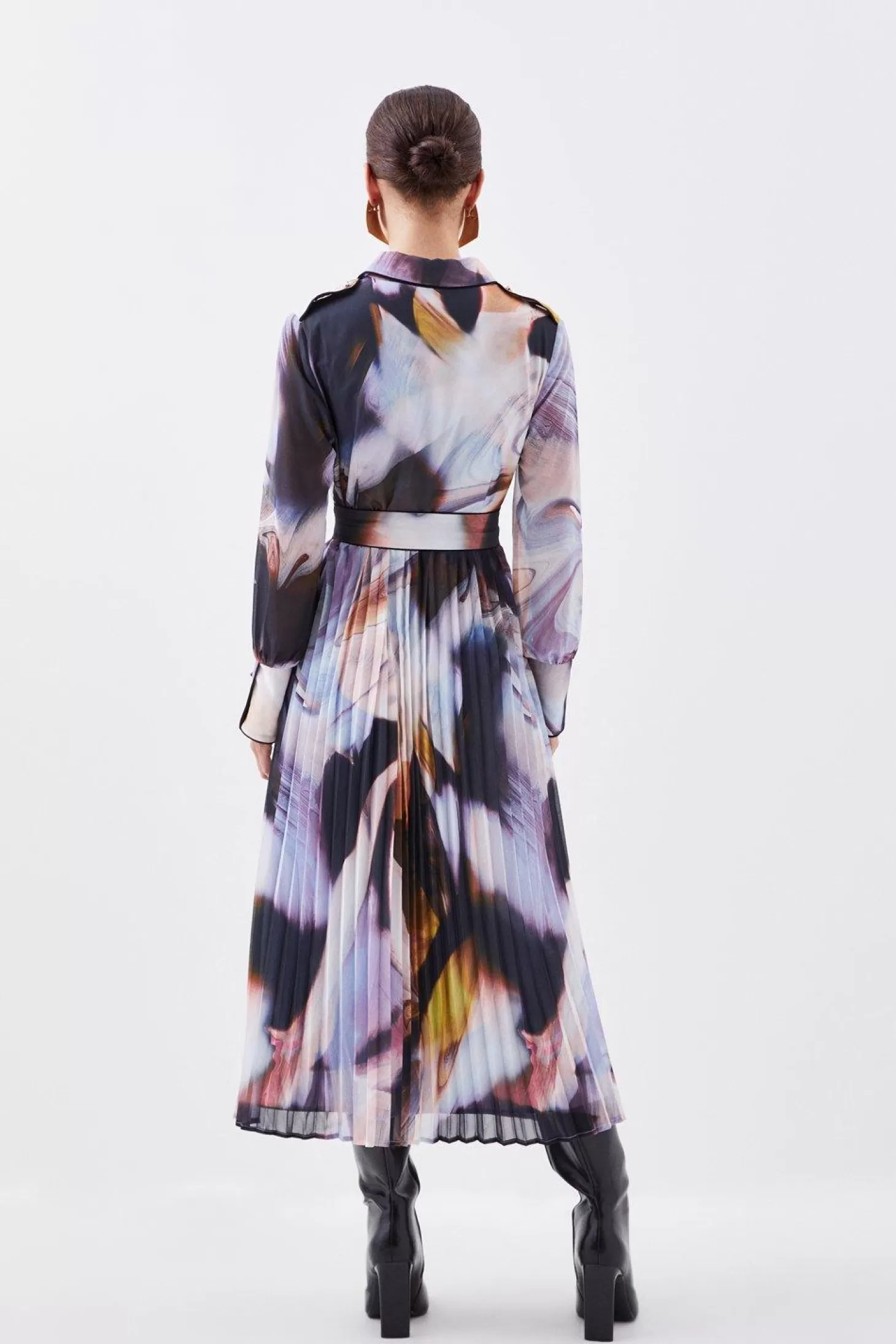 Karen Millen Petite Marble Print Pleated Georgette Maxi Shirt Woven Dress