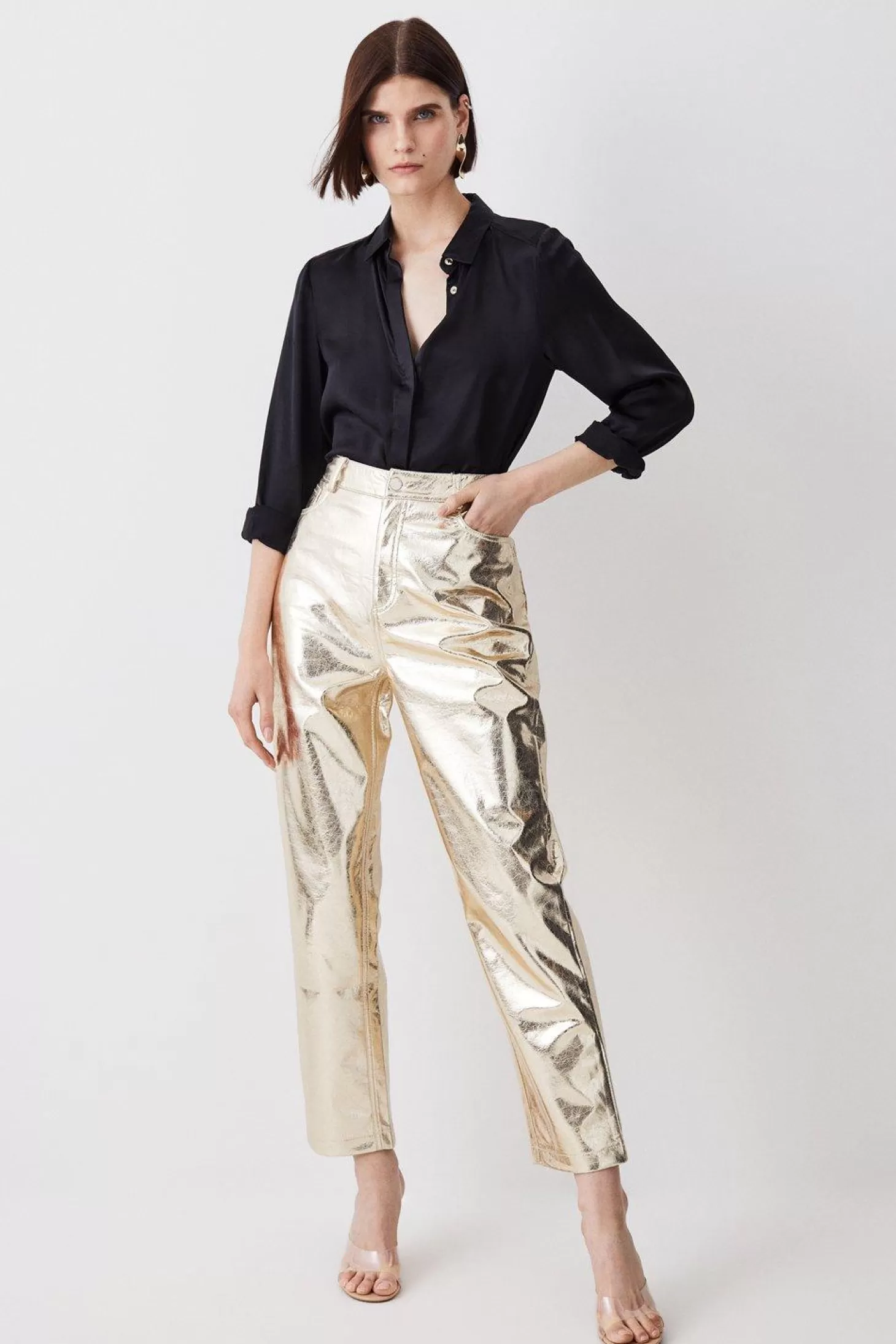 Karen Millen Petite Metallic Faux Leather Straight Leg Pants