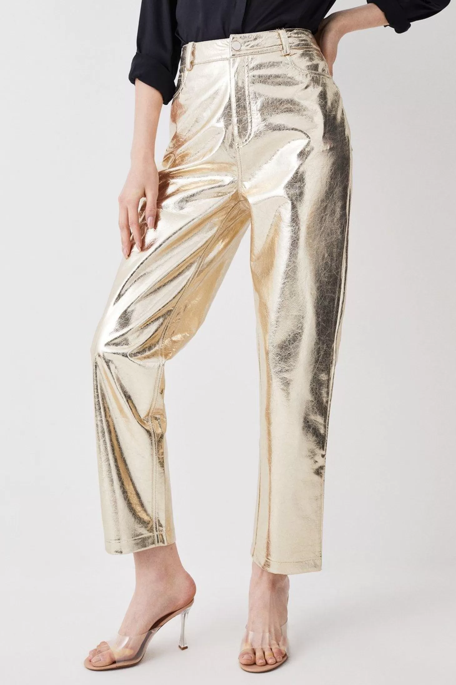 Karen Millen Petite Metallic Faux Leather Straight Leg Pants